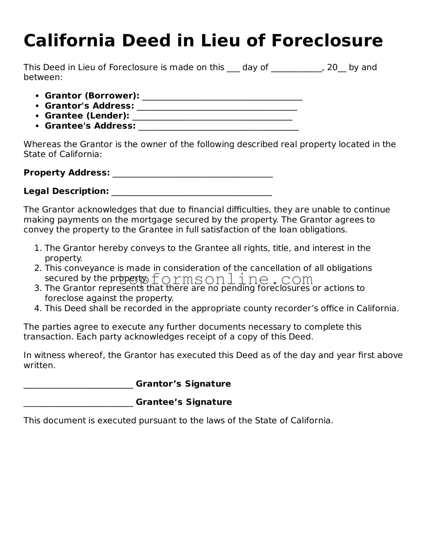 Printable California Deed in Lieu of Foreclosure Template