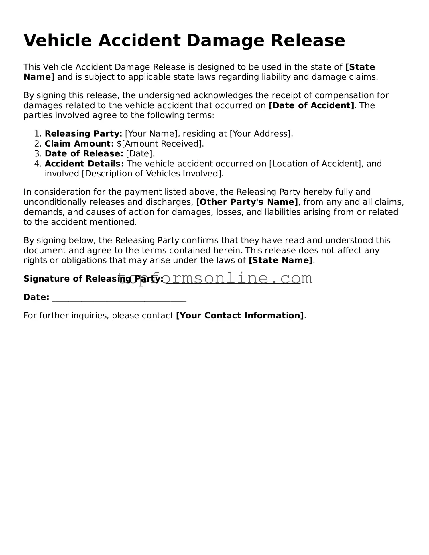 Valid Vehicle Accident Damage Release Template