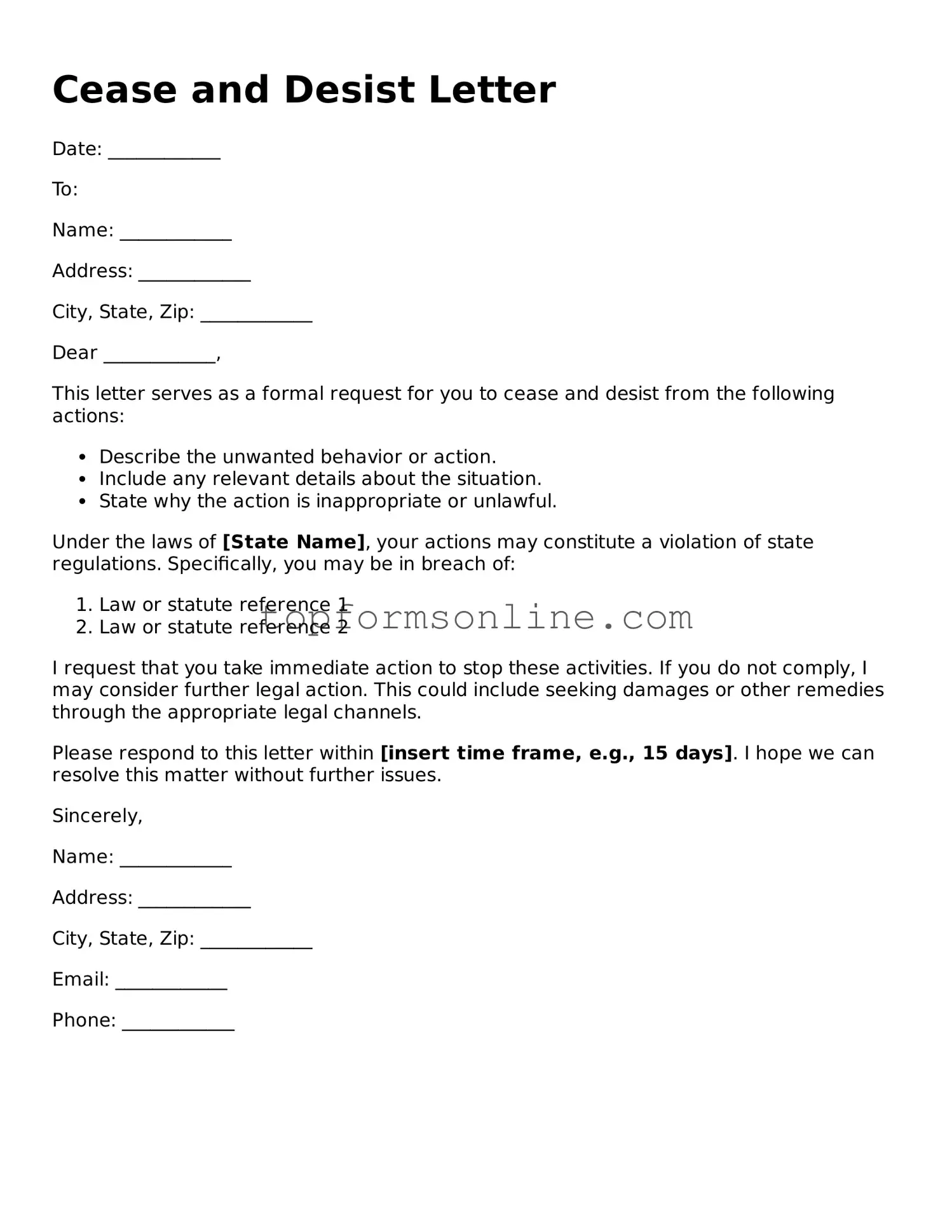 Valid Cease and Desist Letter Template