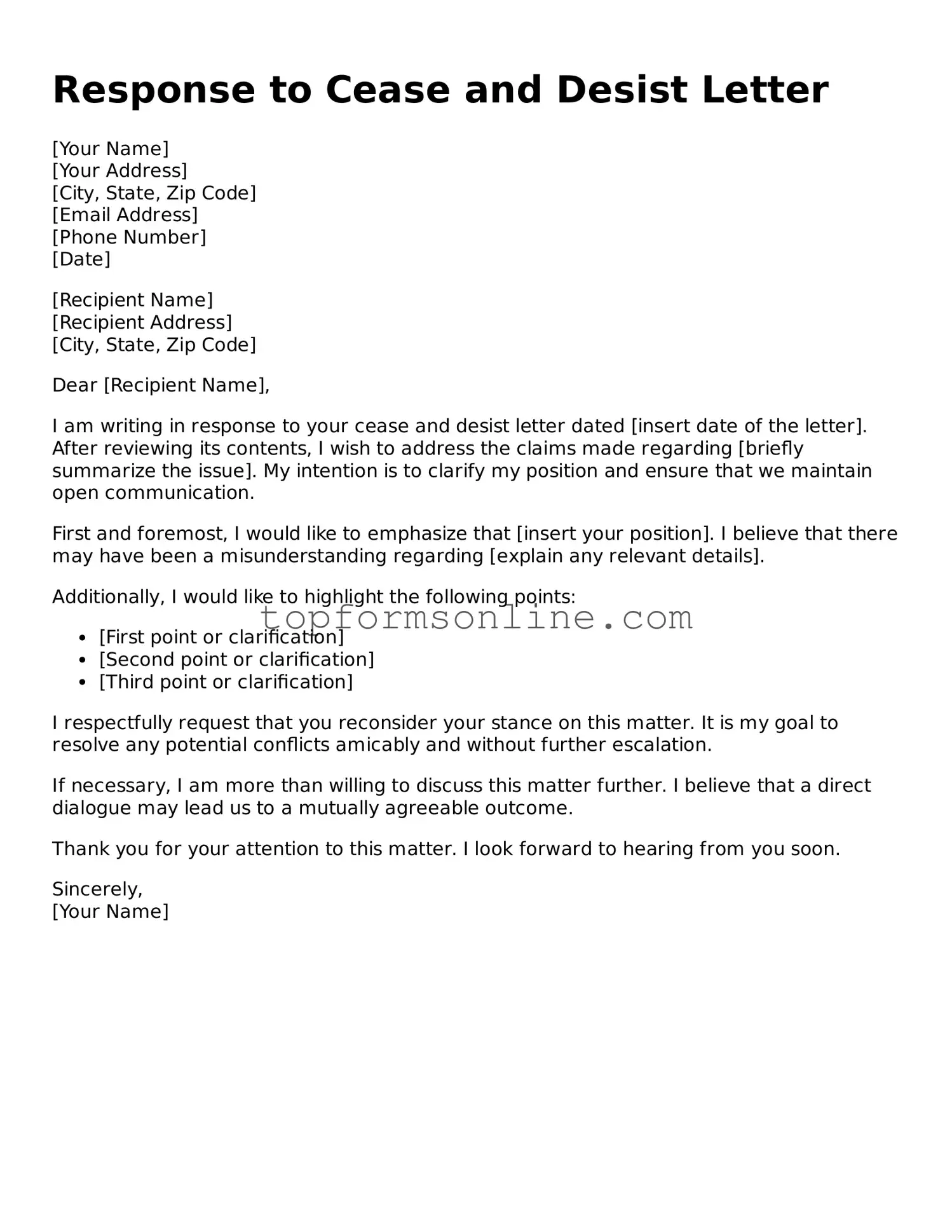 Valid Response to a Cease and Desist Letter Template