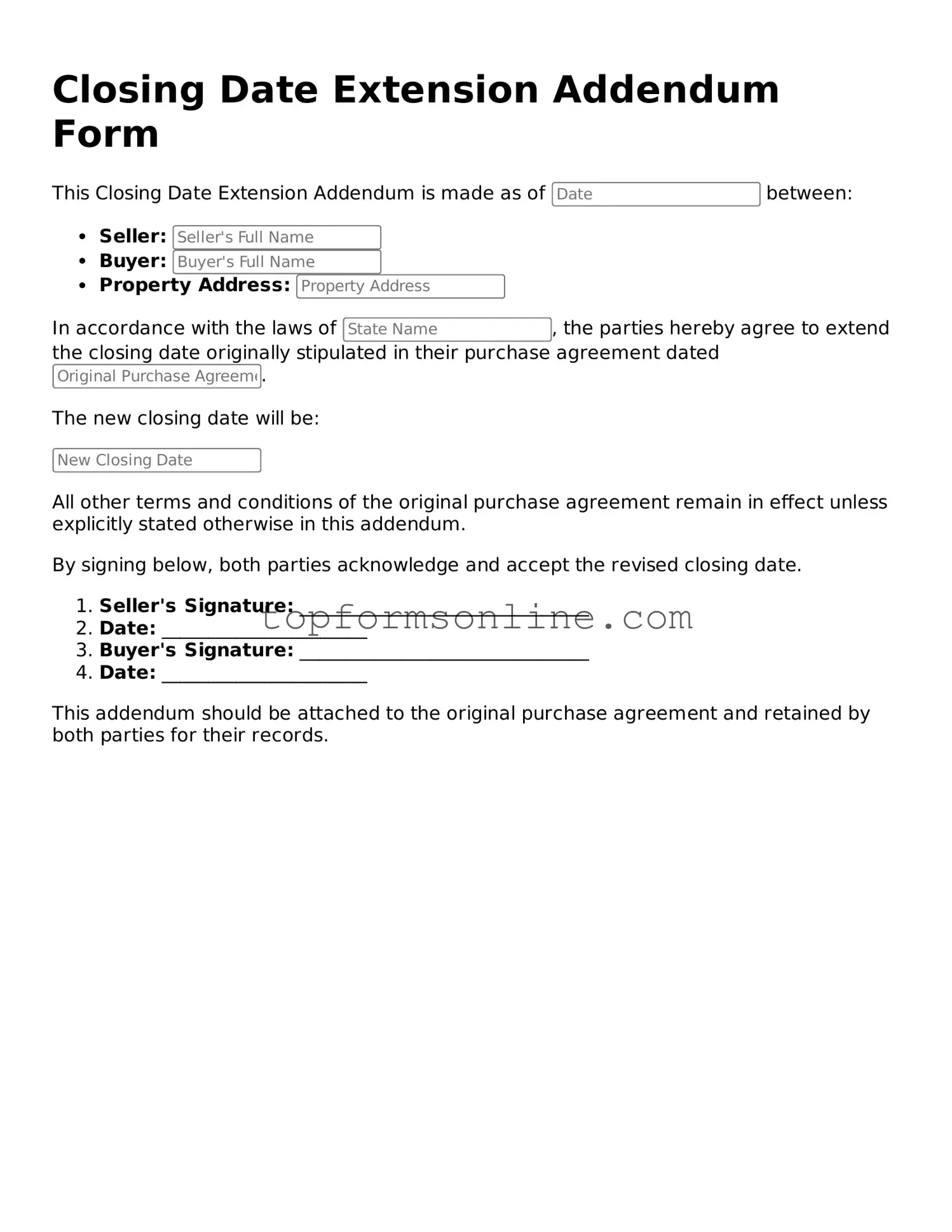 Valid Closing Date Extension Addendum Form Template