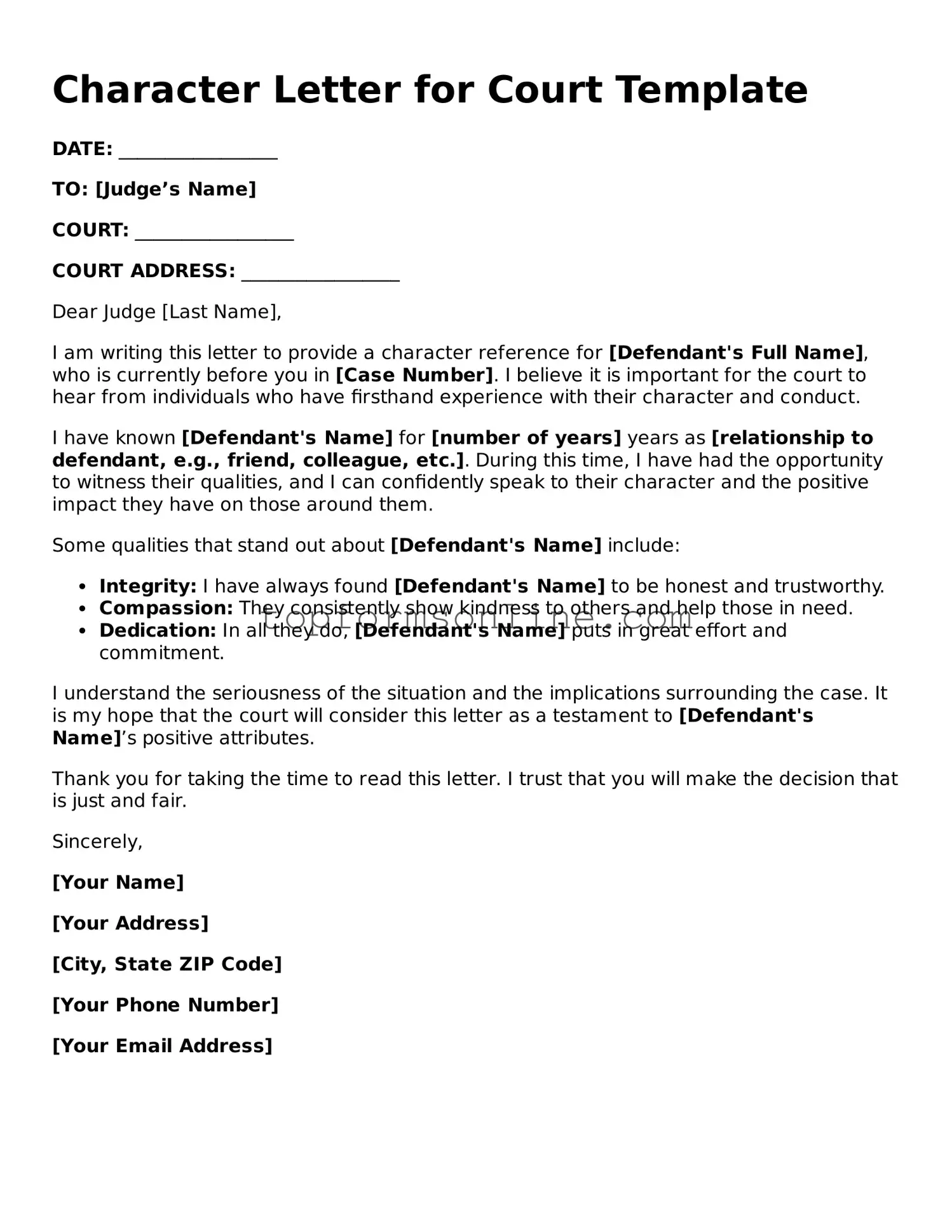 Valid Character Letter for Court Template