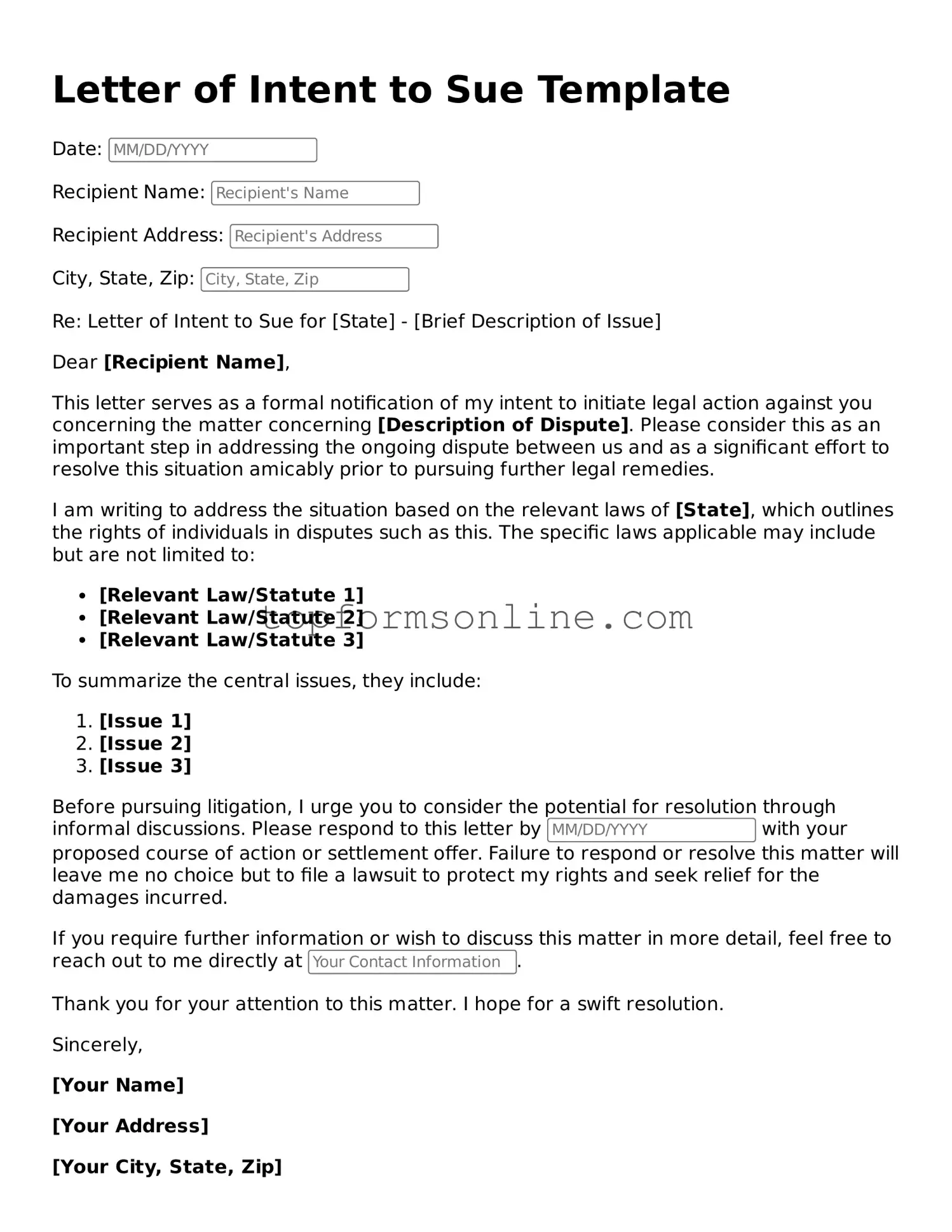 Valid Letter of Intent to Sue Template