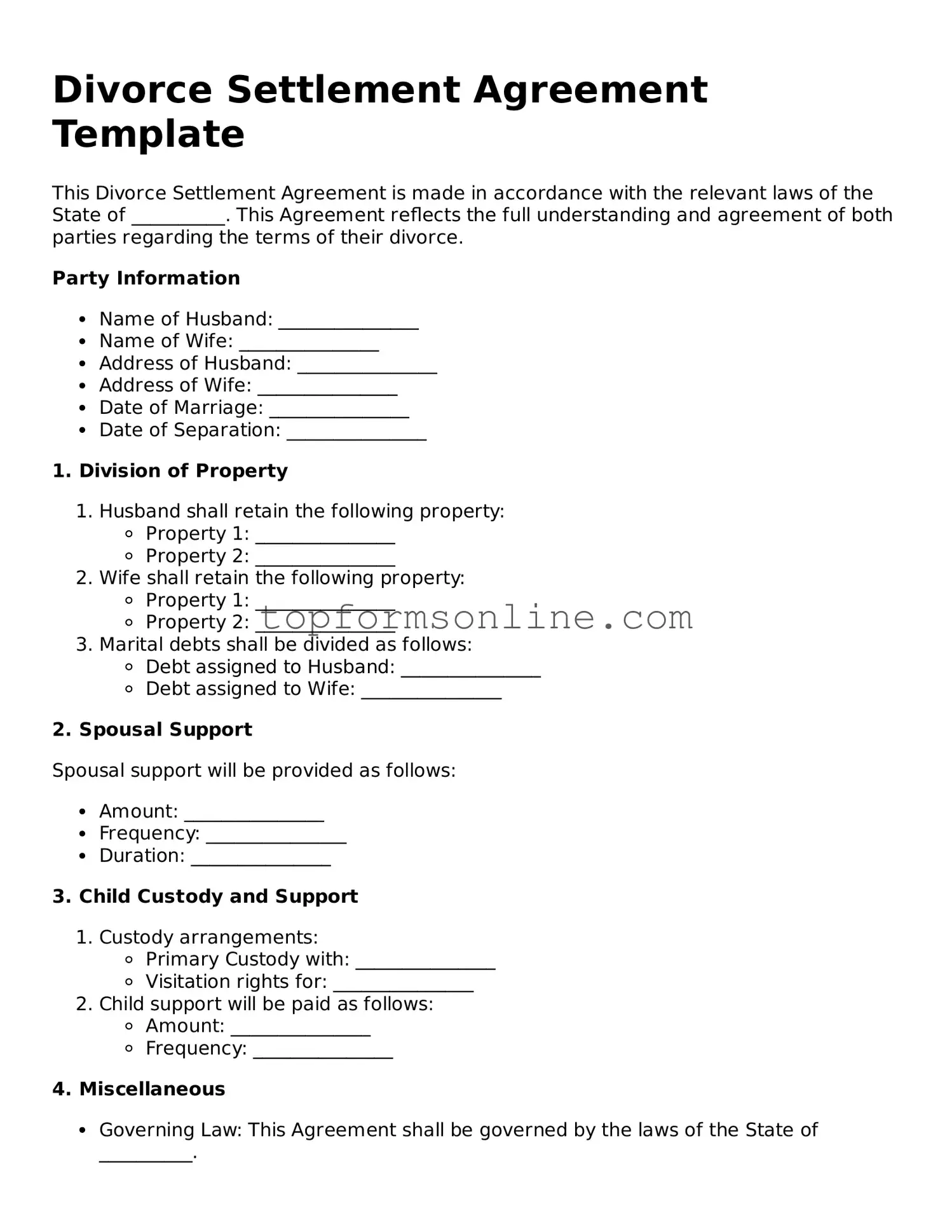 Valid Divorce Settlement Agreement Template