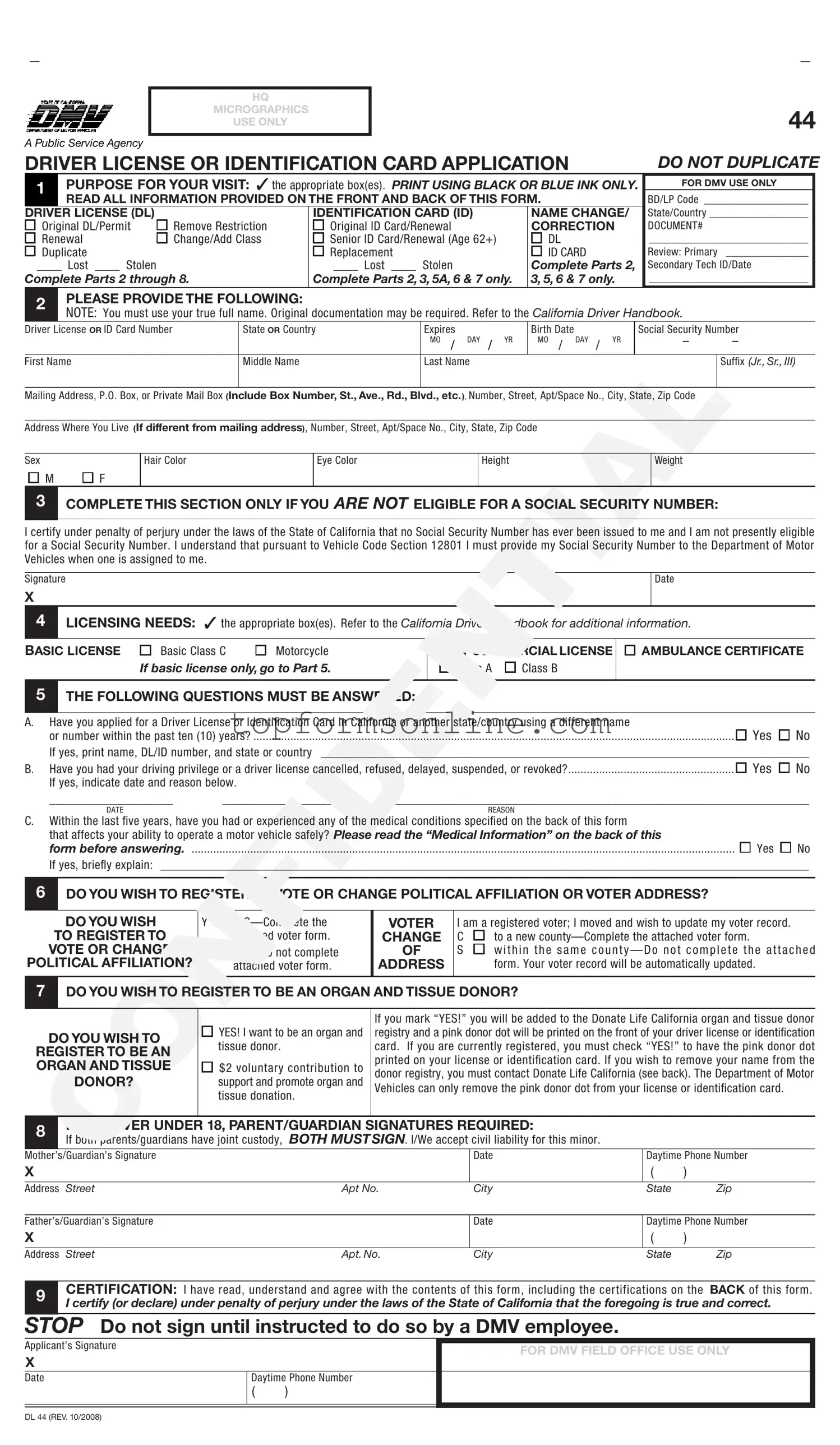 Fill Out a Valid Ca Dmv Dl 44 Form