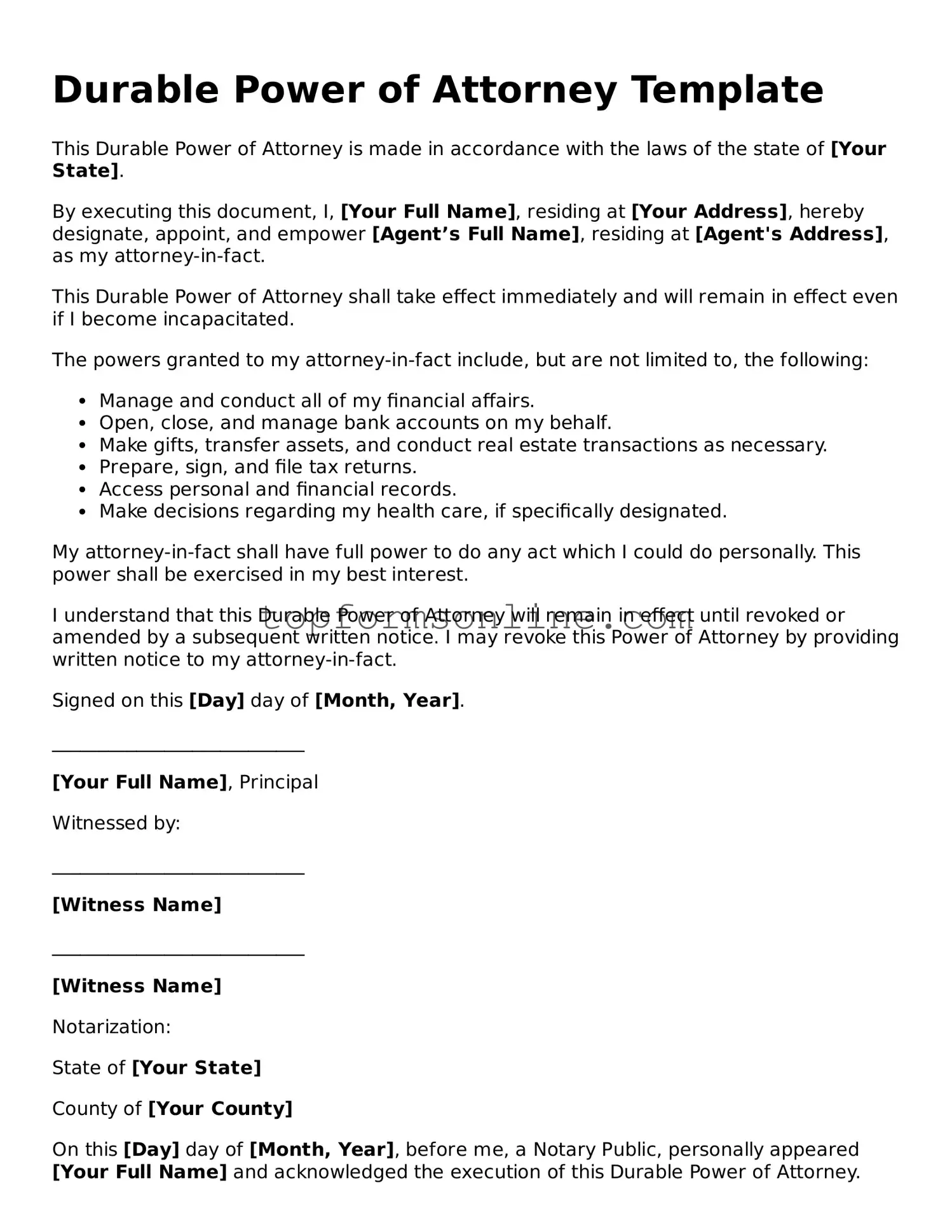 Valid Durable Power of Attorney Template