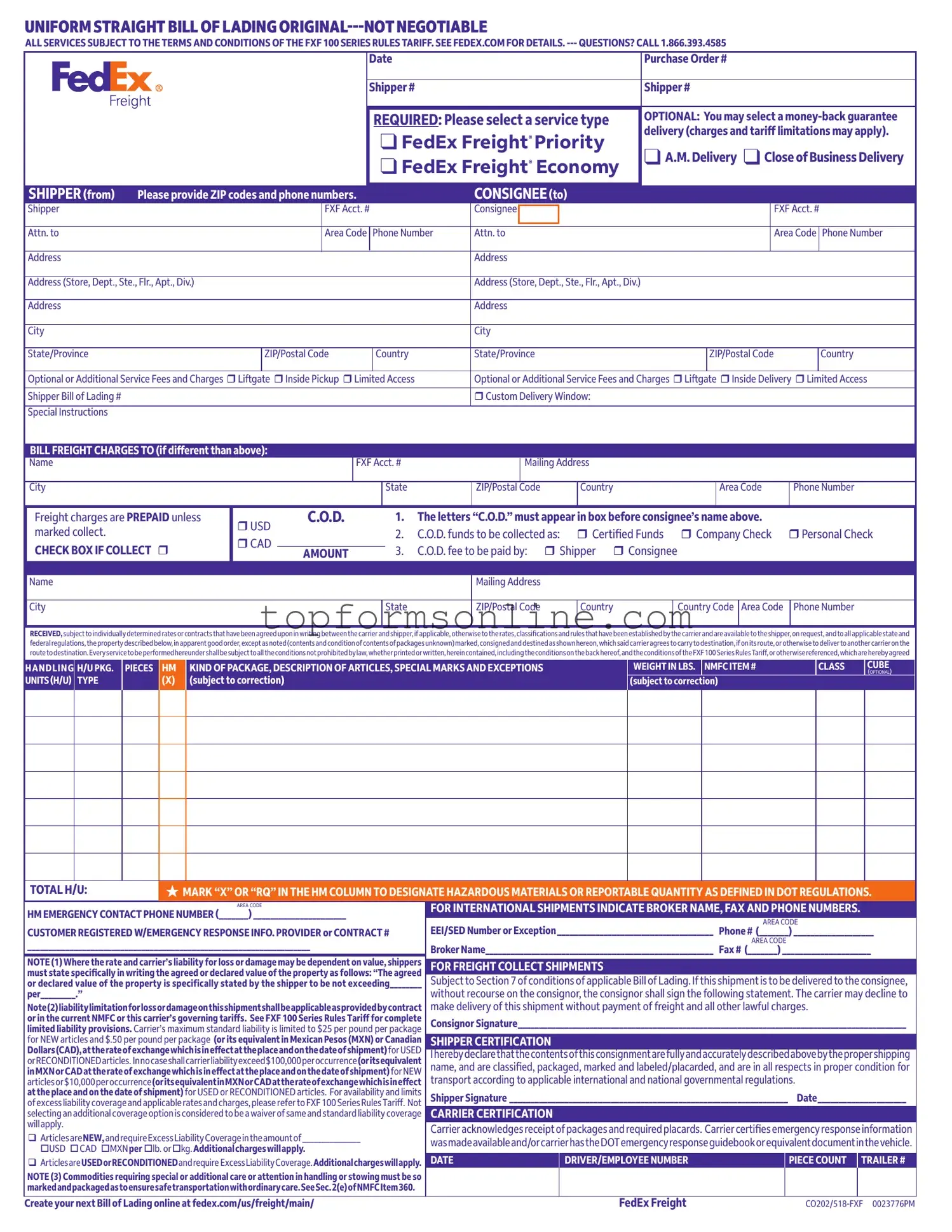 Fill Out a Valid Fedex Bill Of Lading Form