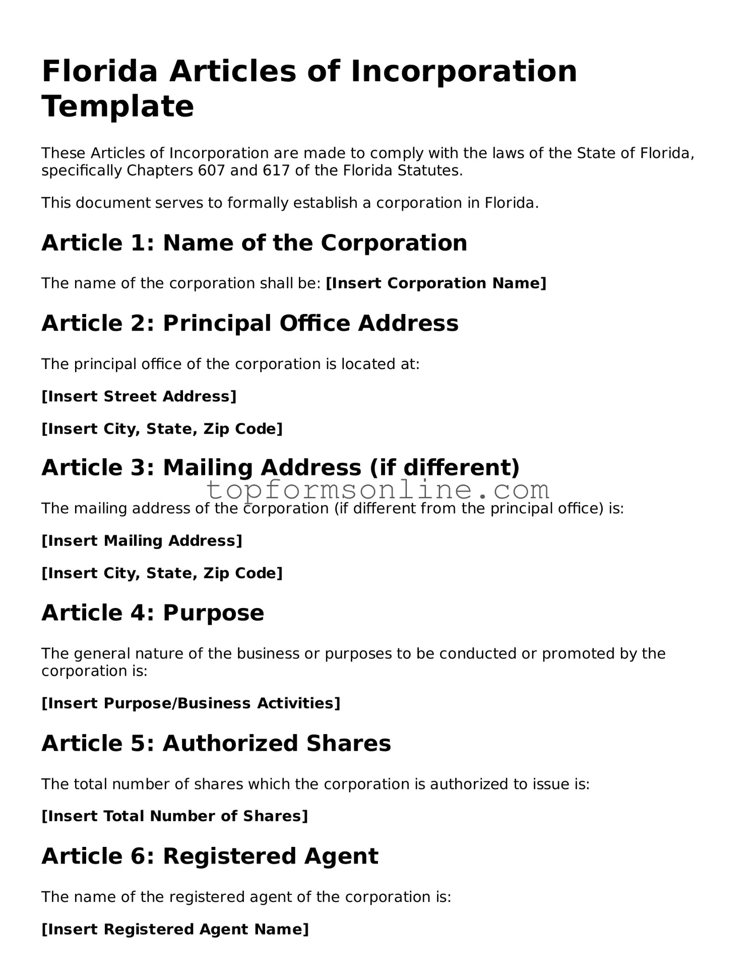 Printable Florida Articles of Incorporation Template