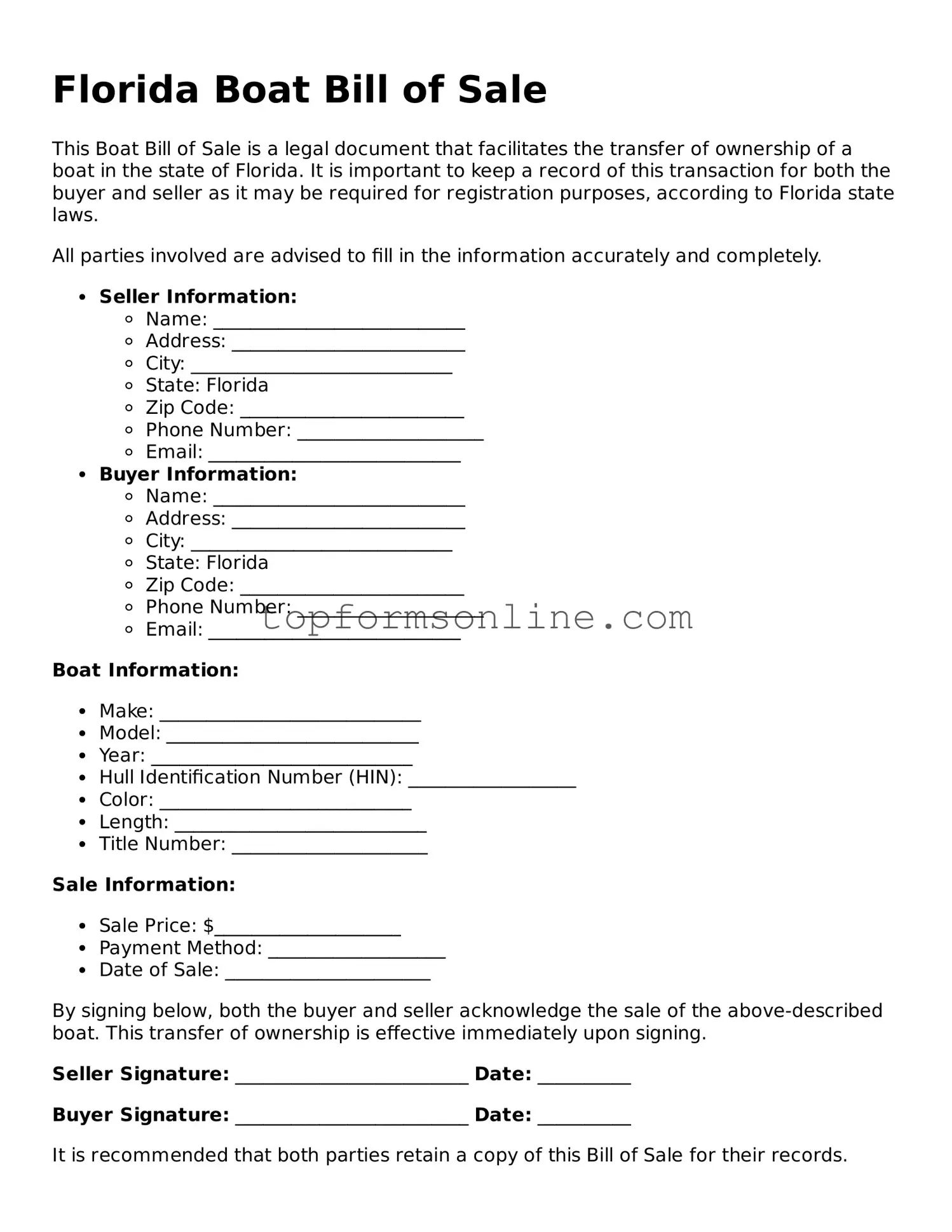 Printable Florida Boat Bill of Sale Template