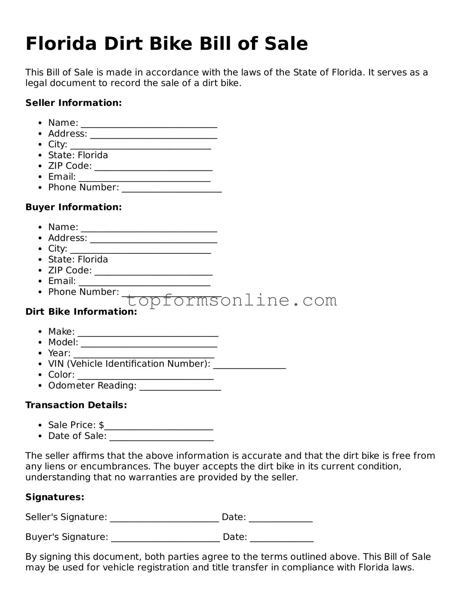 Printable Florida Dirt Bike Bill of Sale Template