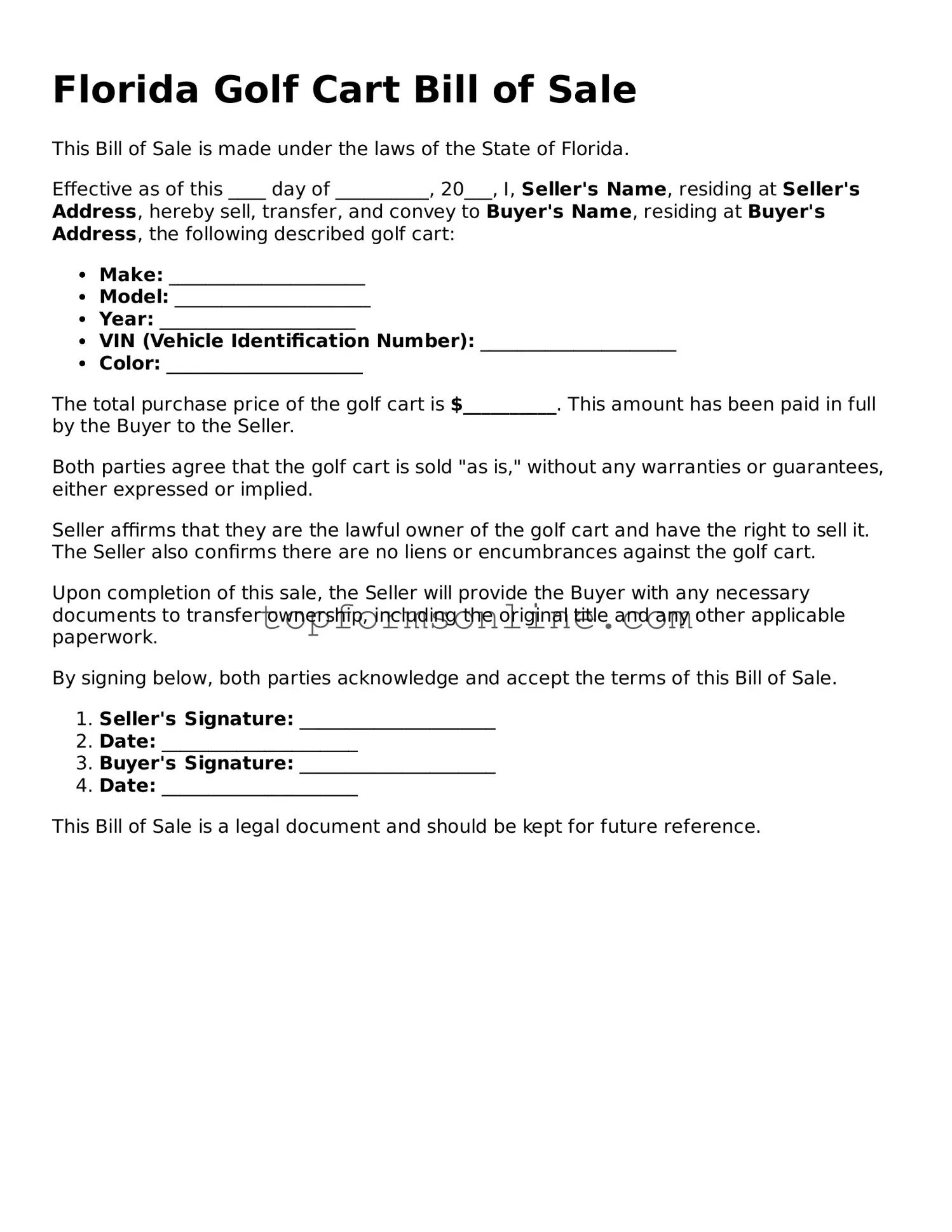 Printable Florida Golf Cart Bill of Sale Template