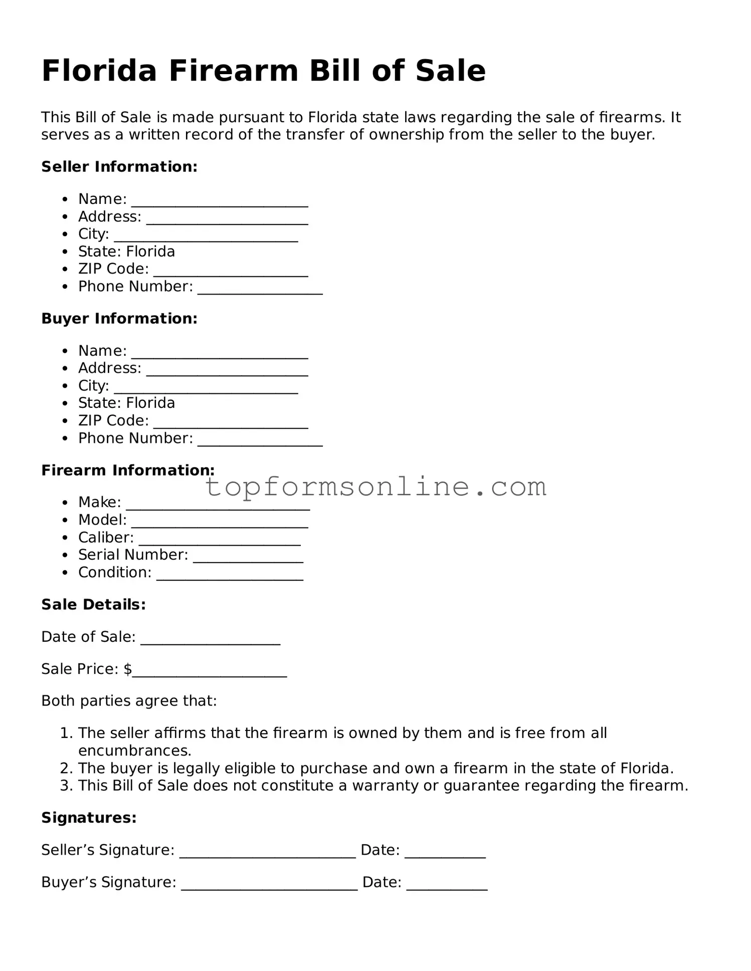 Printable Florida Firearm Bill of Sale Template