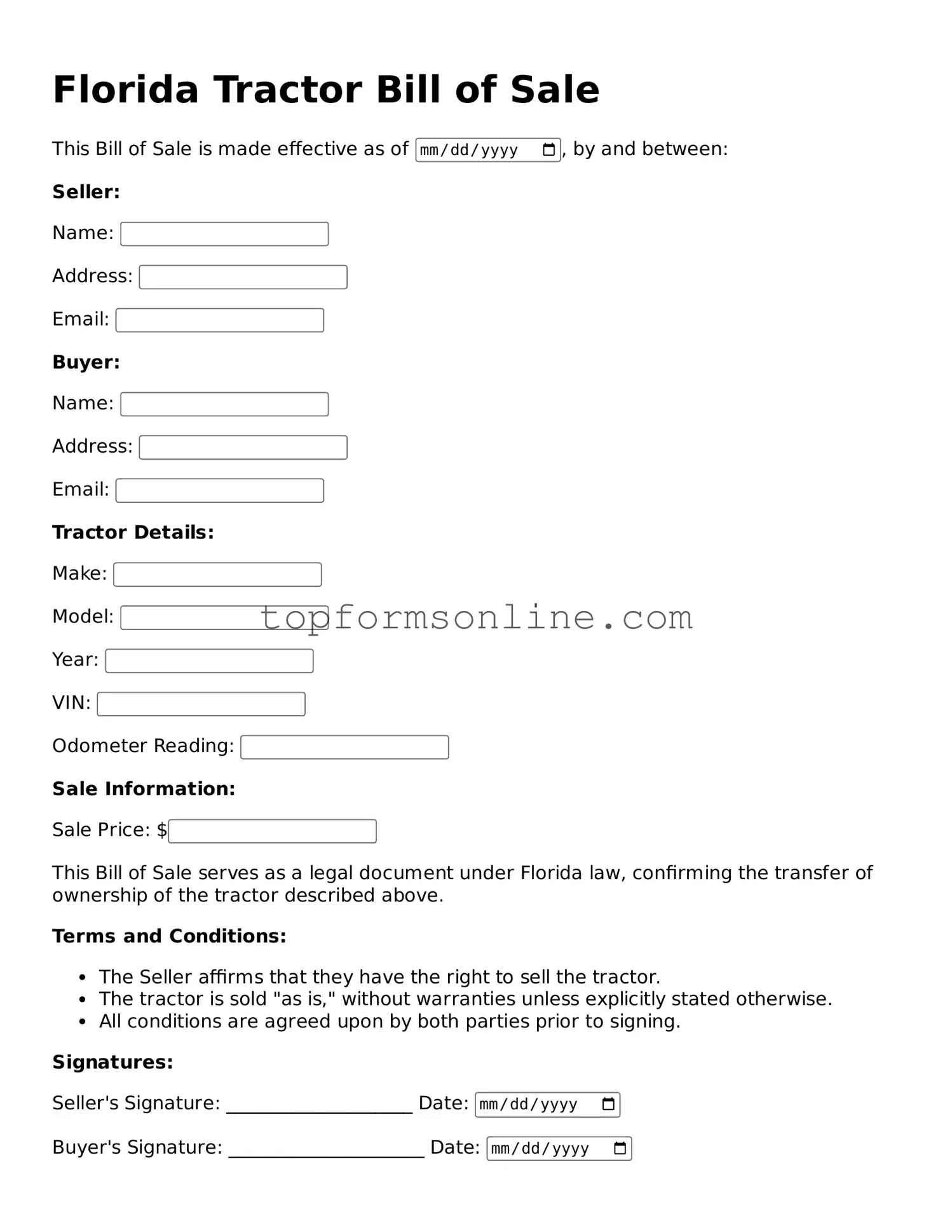 Printable Florida Tractor Bill of Sale Template
