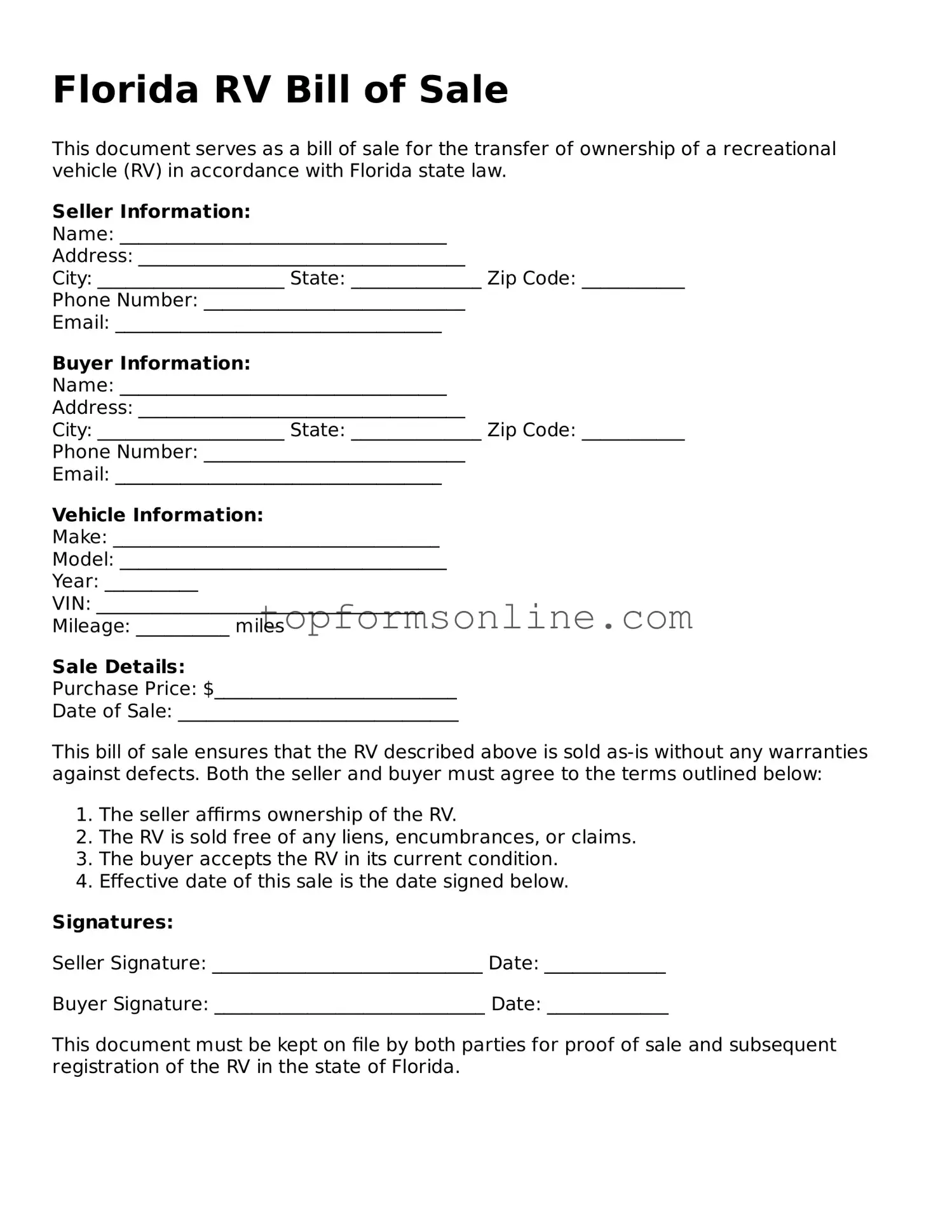 Printable Florida RV Bill of Sale Template