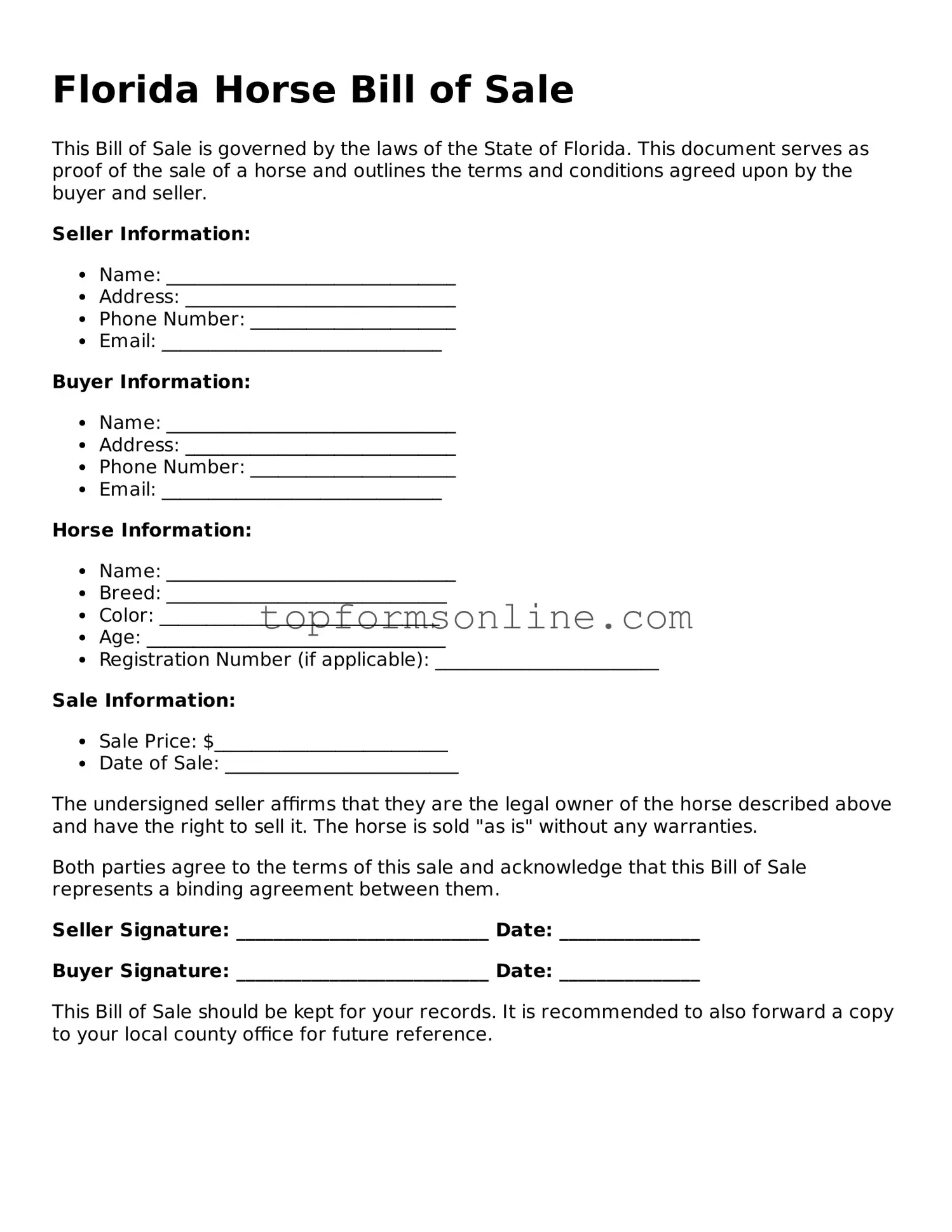 Printable Florida Horse Bill of Sale Template