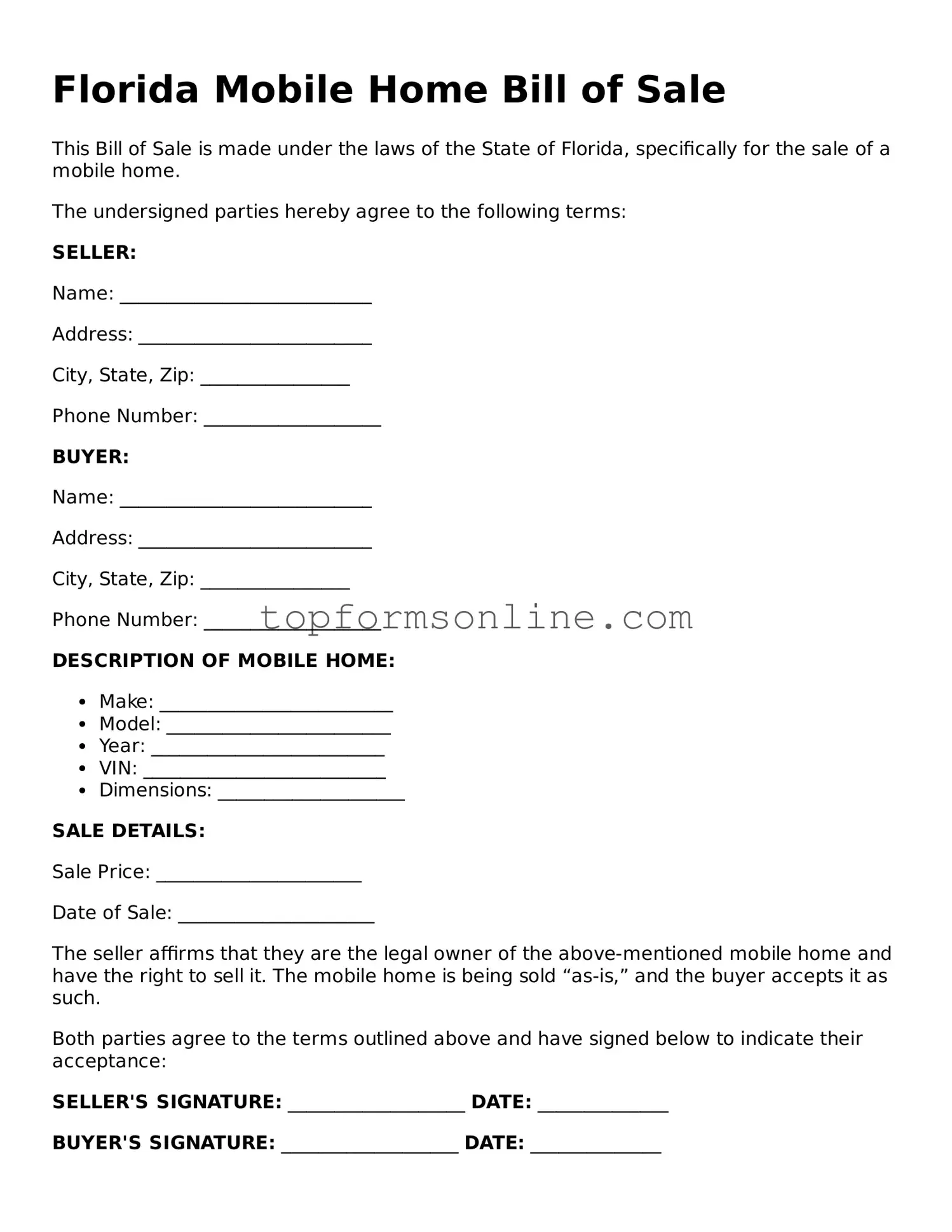 Printable Florida Mobile Home Bill of Sale Template