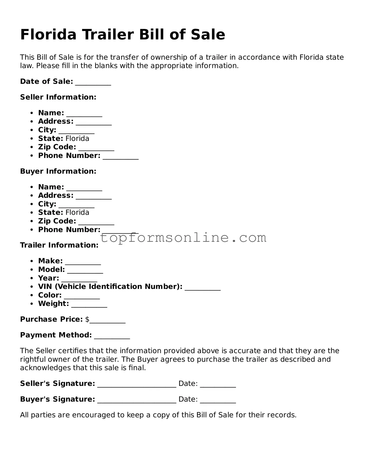 Printable Florida Trailer Bill of Sale Template