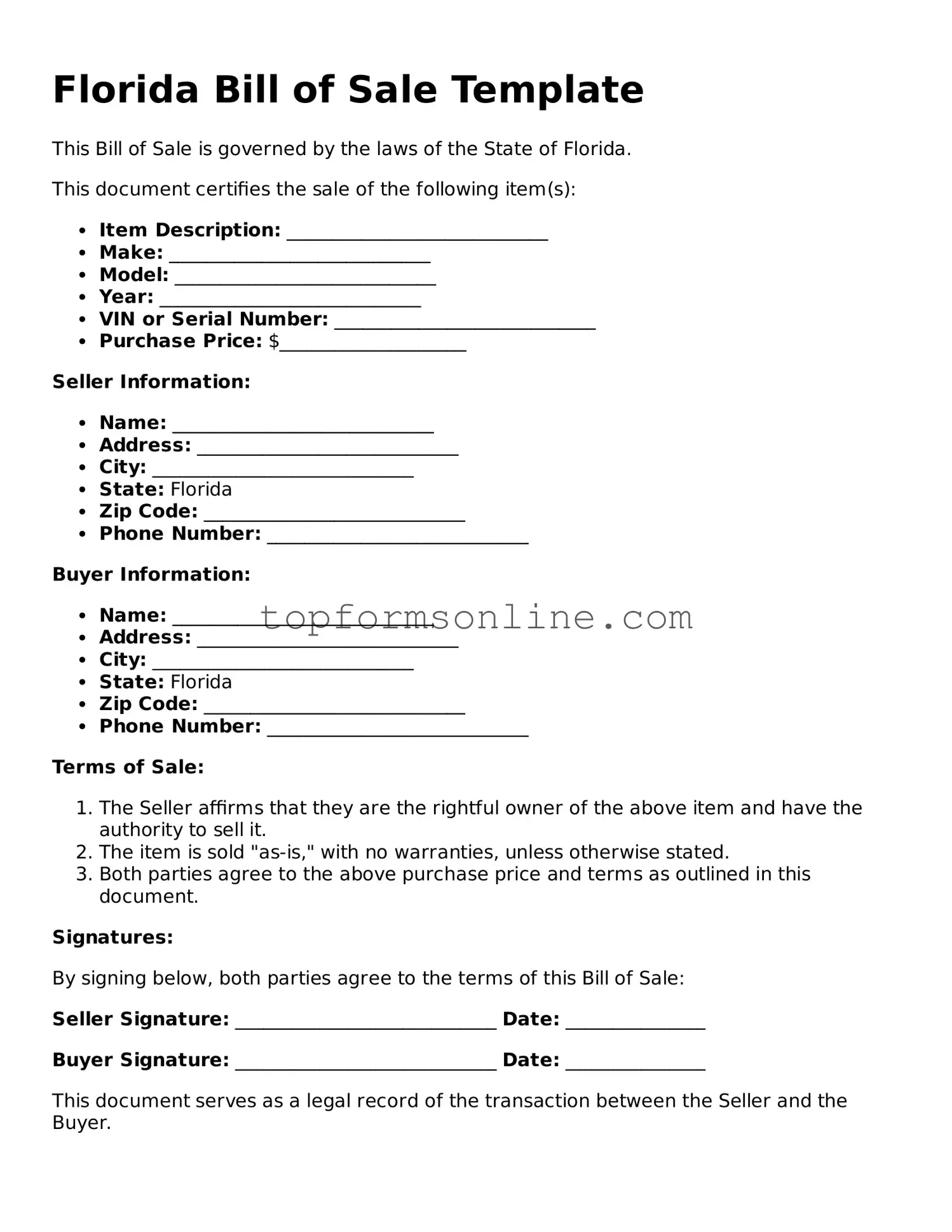 Printable Florida Bill of Sale Template