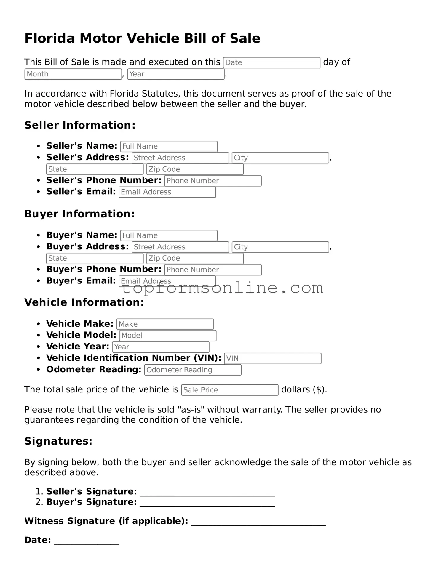Printable Florida Motor Vehicle Bill of Sale Template