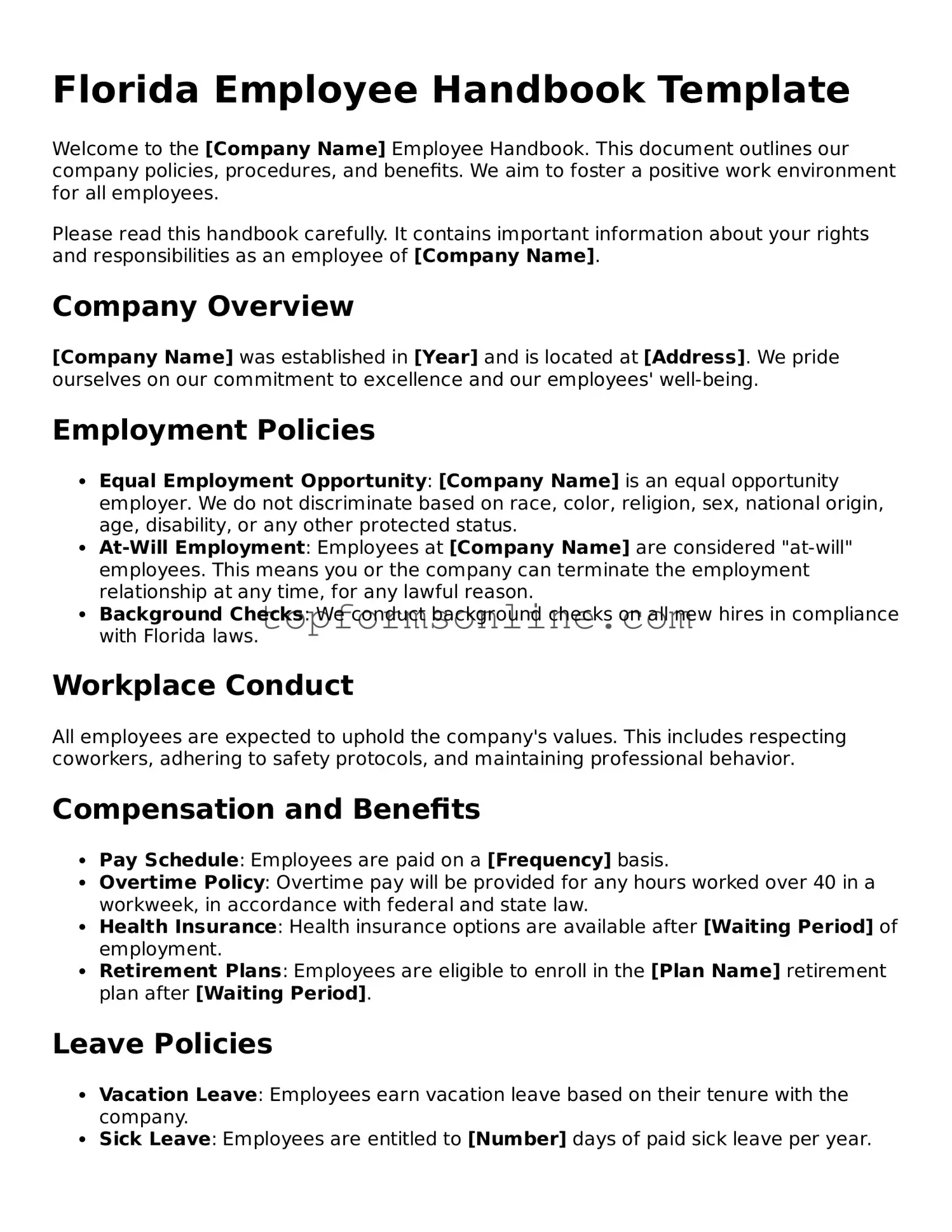 Printable Florida Employee Handbook Template