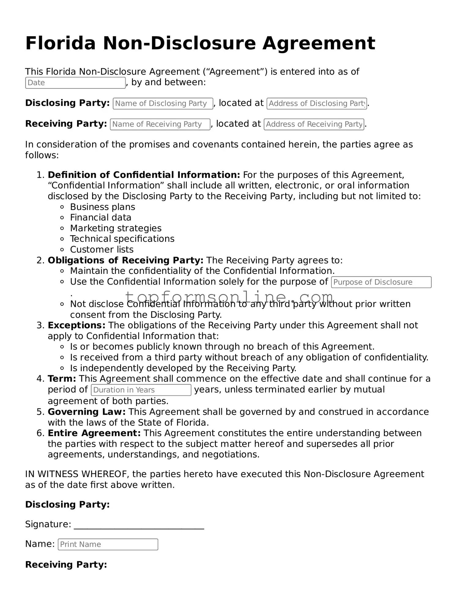 Printable Florida Non-disclosure Agreement Template