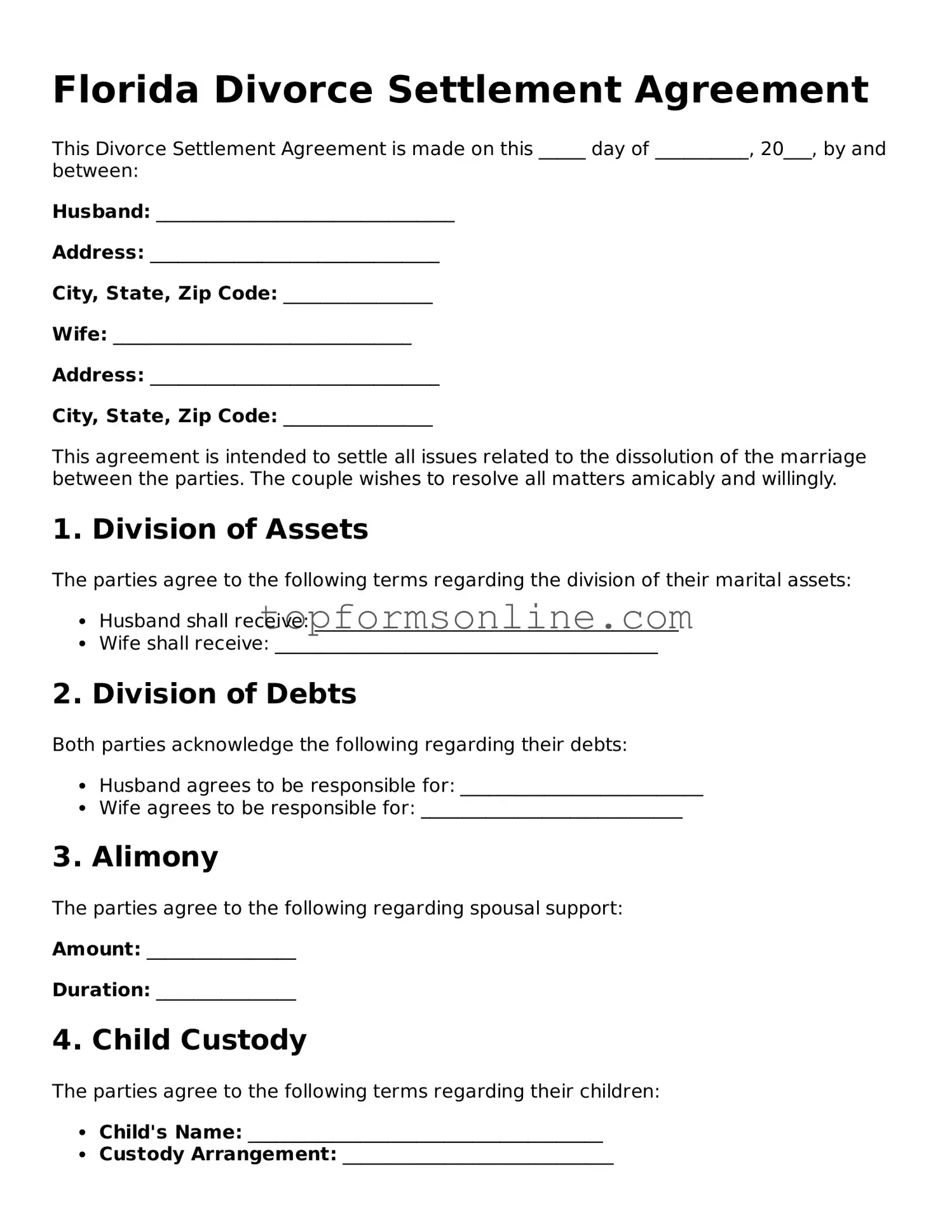 Printable Florida Divorce Settlement Agreement Template
