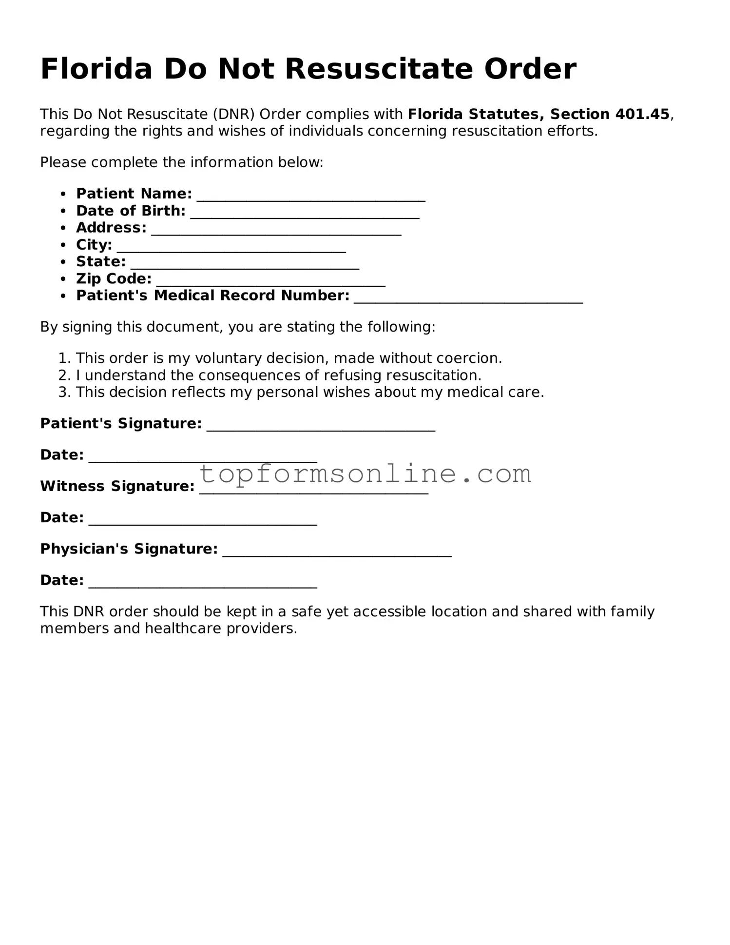 Printable Florida Do Not Resuscitate Order Template