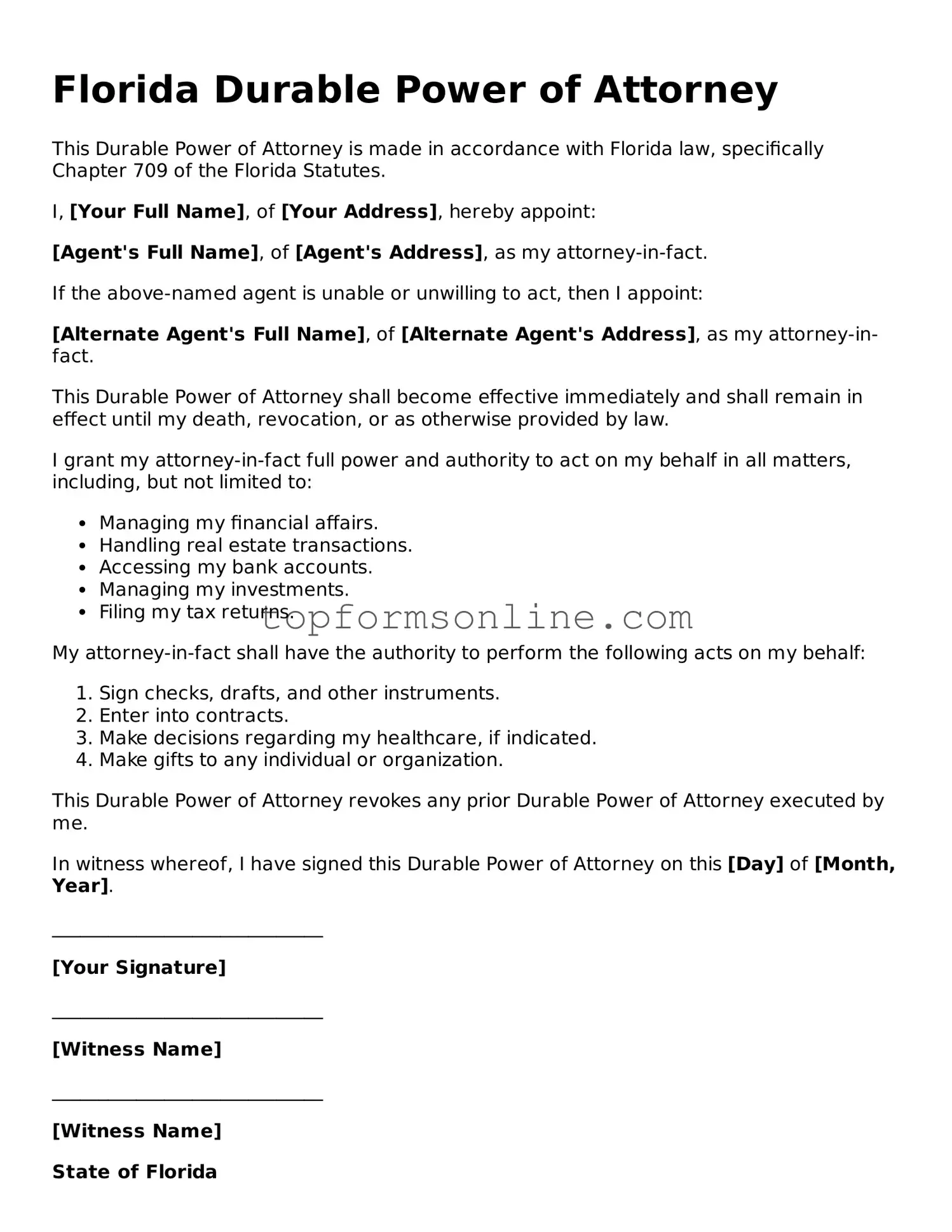 Printable Florida Durable Power of Attorney Template