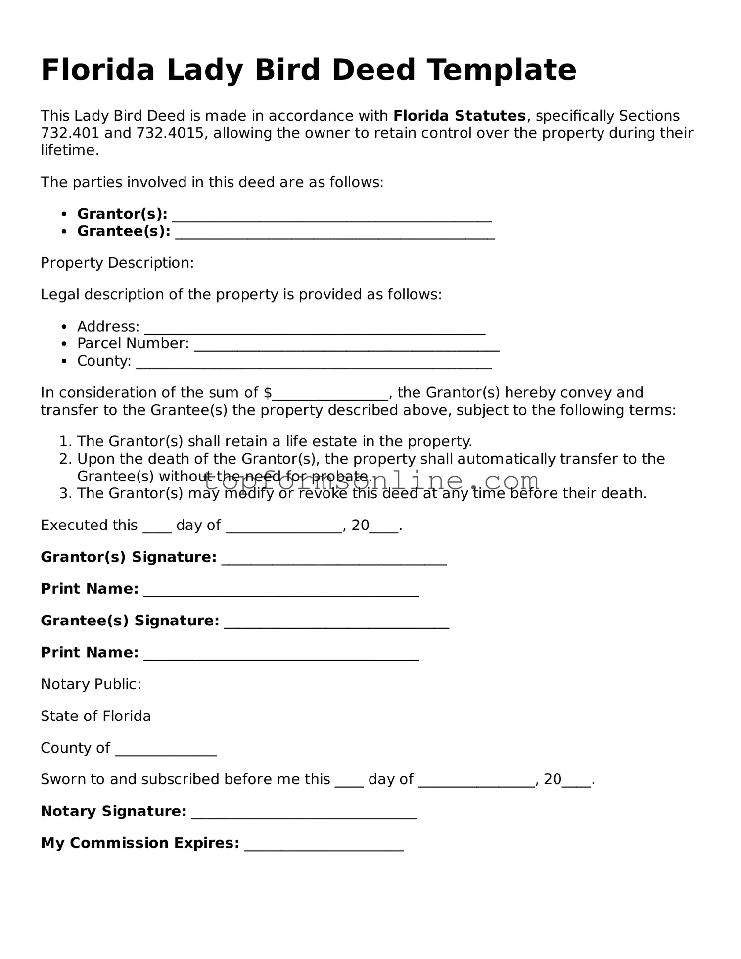 Printable Florida Lady Bird Deed Template