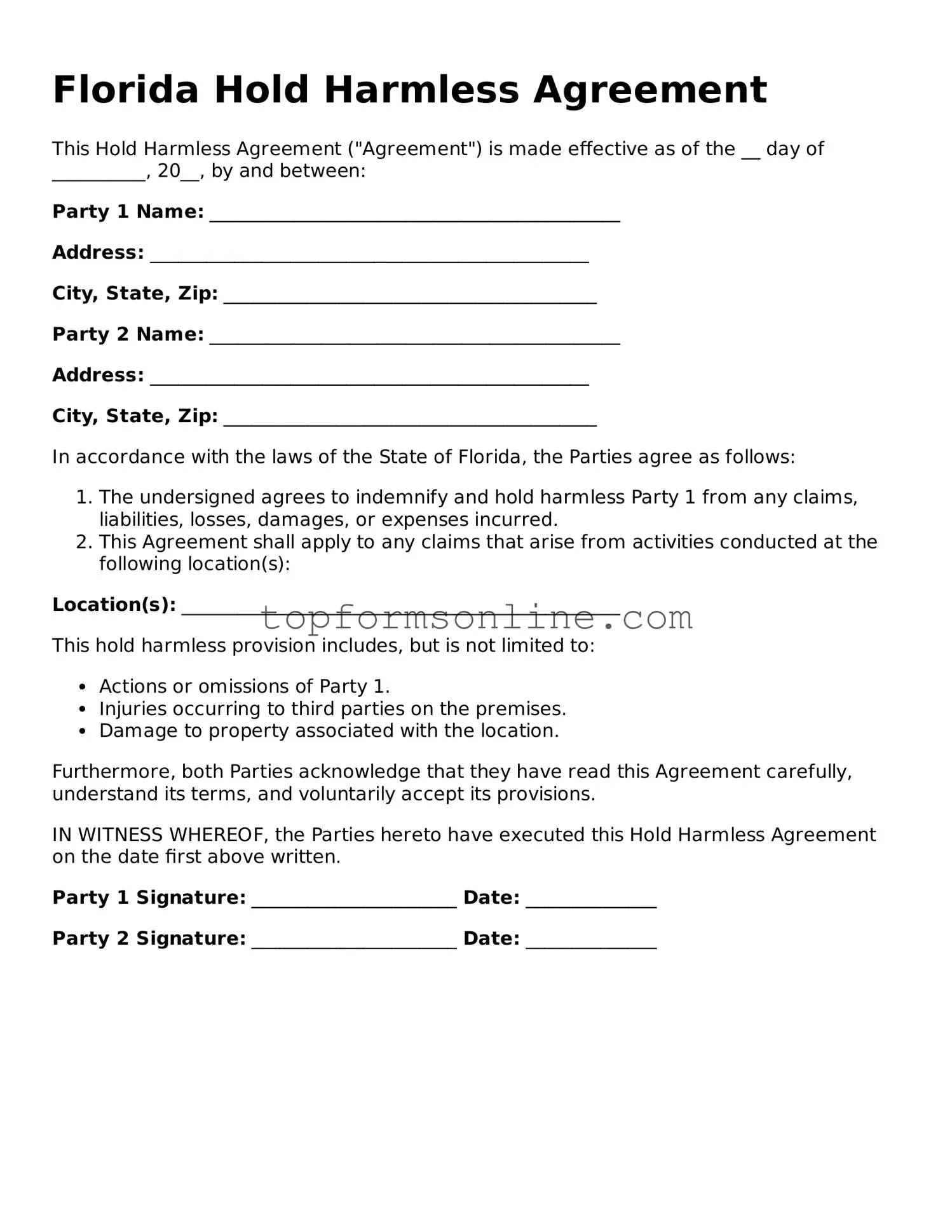 Printable Florida Hold Harmless Agreement Template