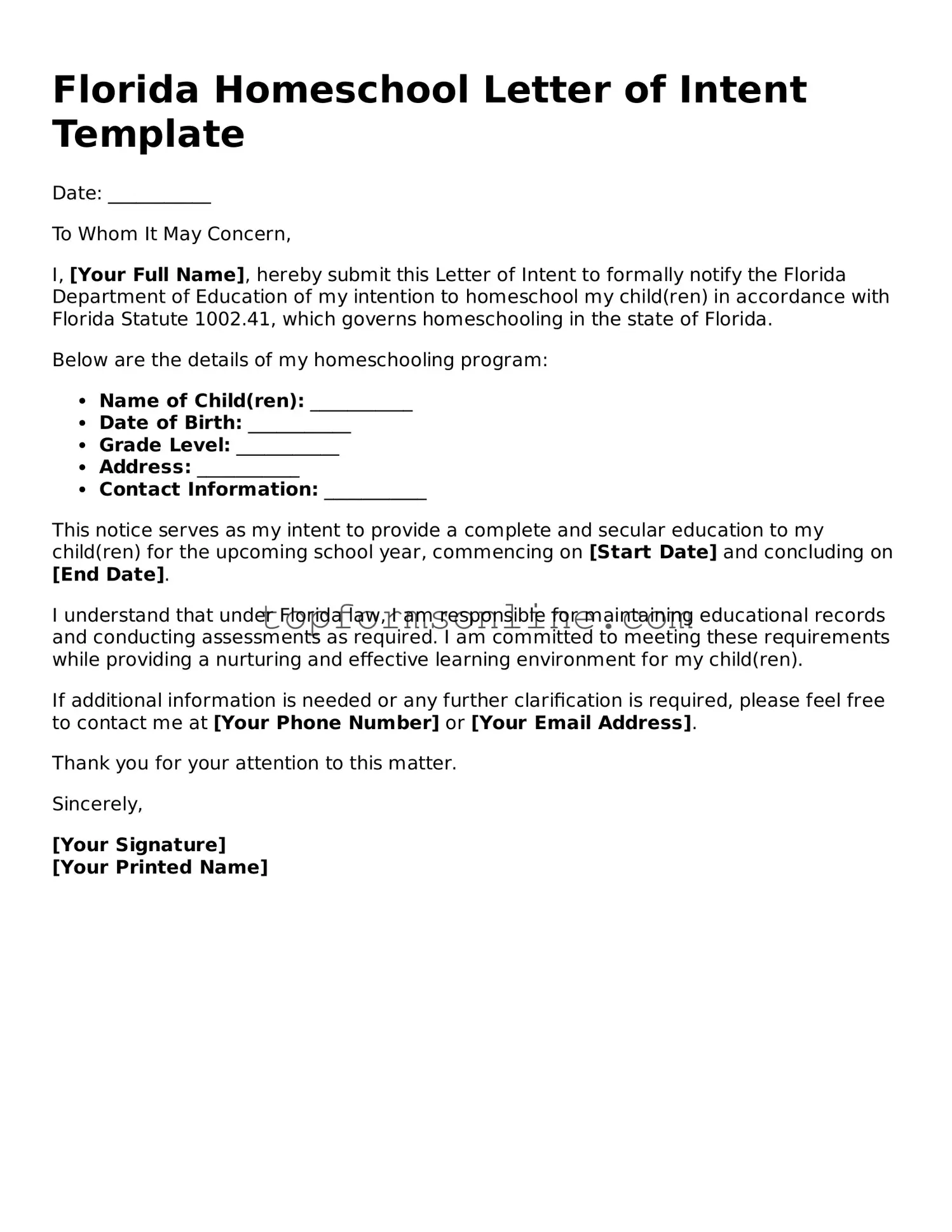 Printable Florida Homeschool Letter of Intent Template