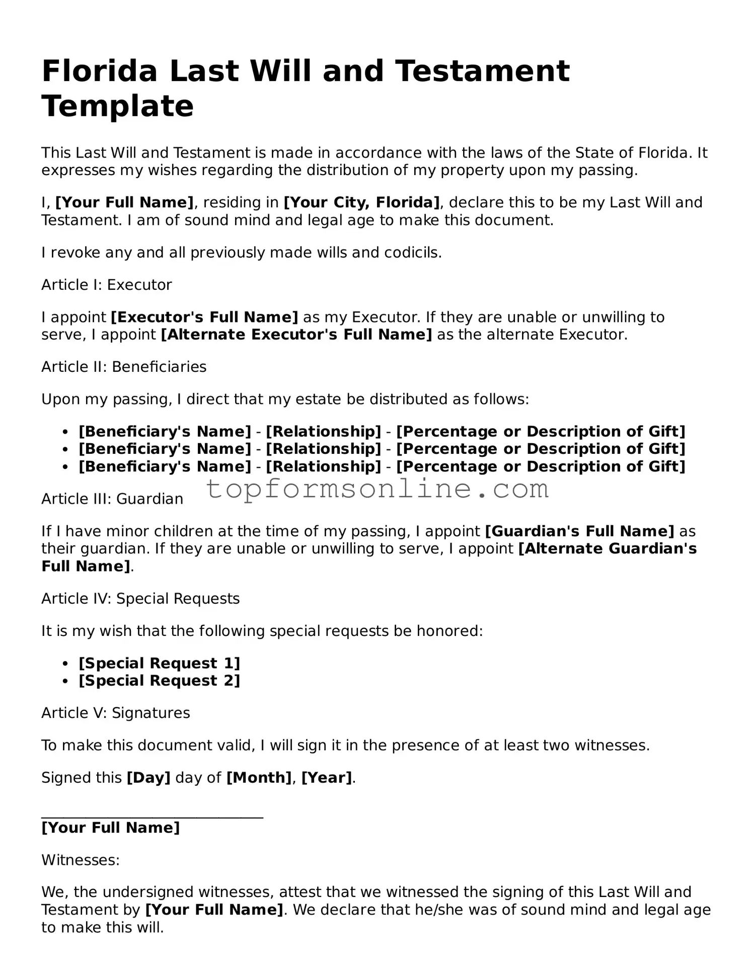 Printable Florida Last Will and Testament Template
