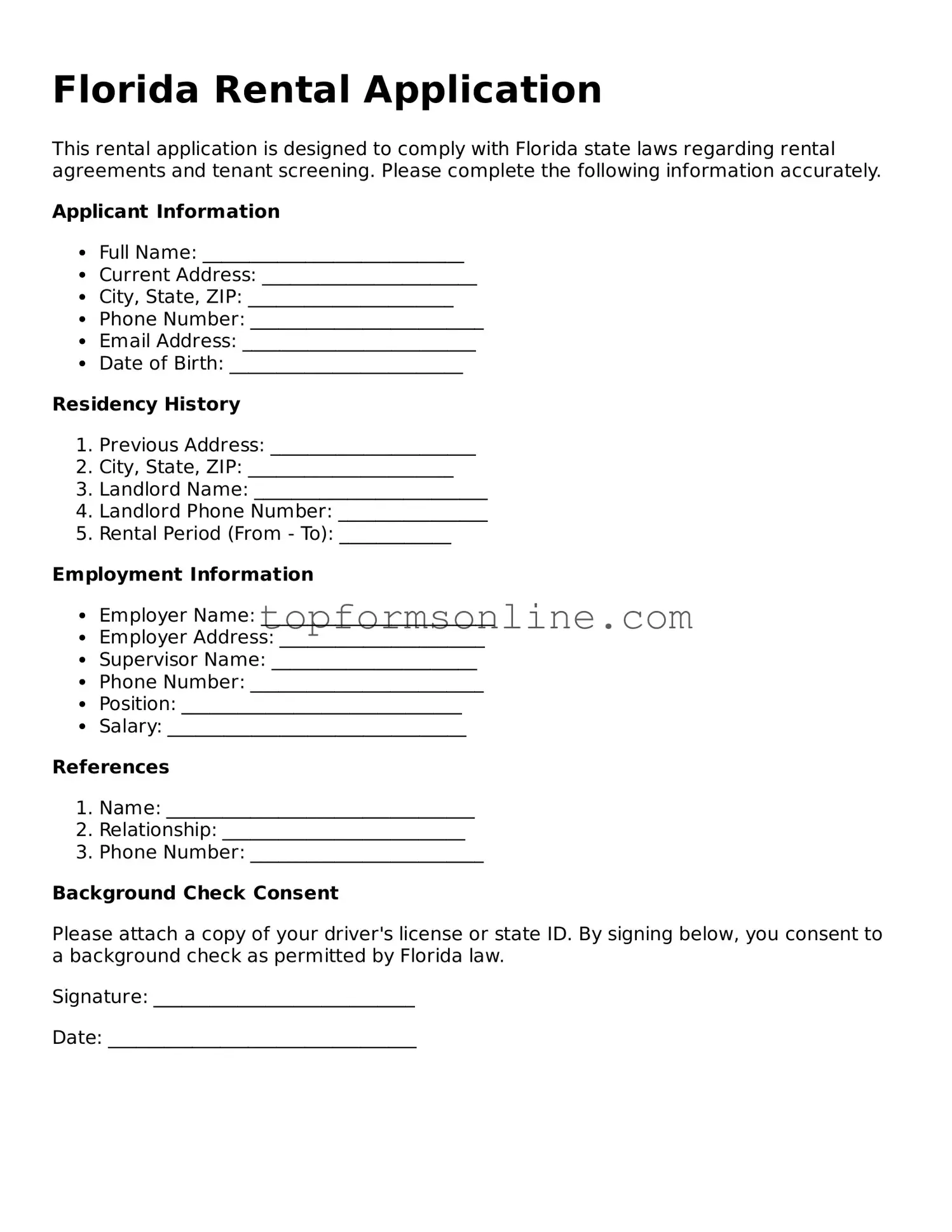Printable Florida Rental Application Template