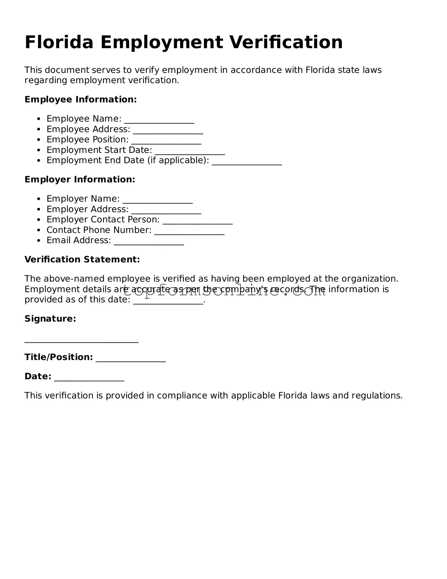 Printable Florida Employment Verification Template