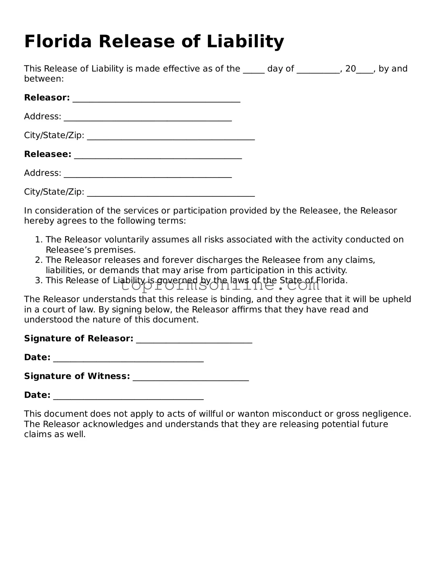 Printable Florida Release of Liability Template