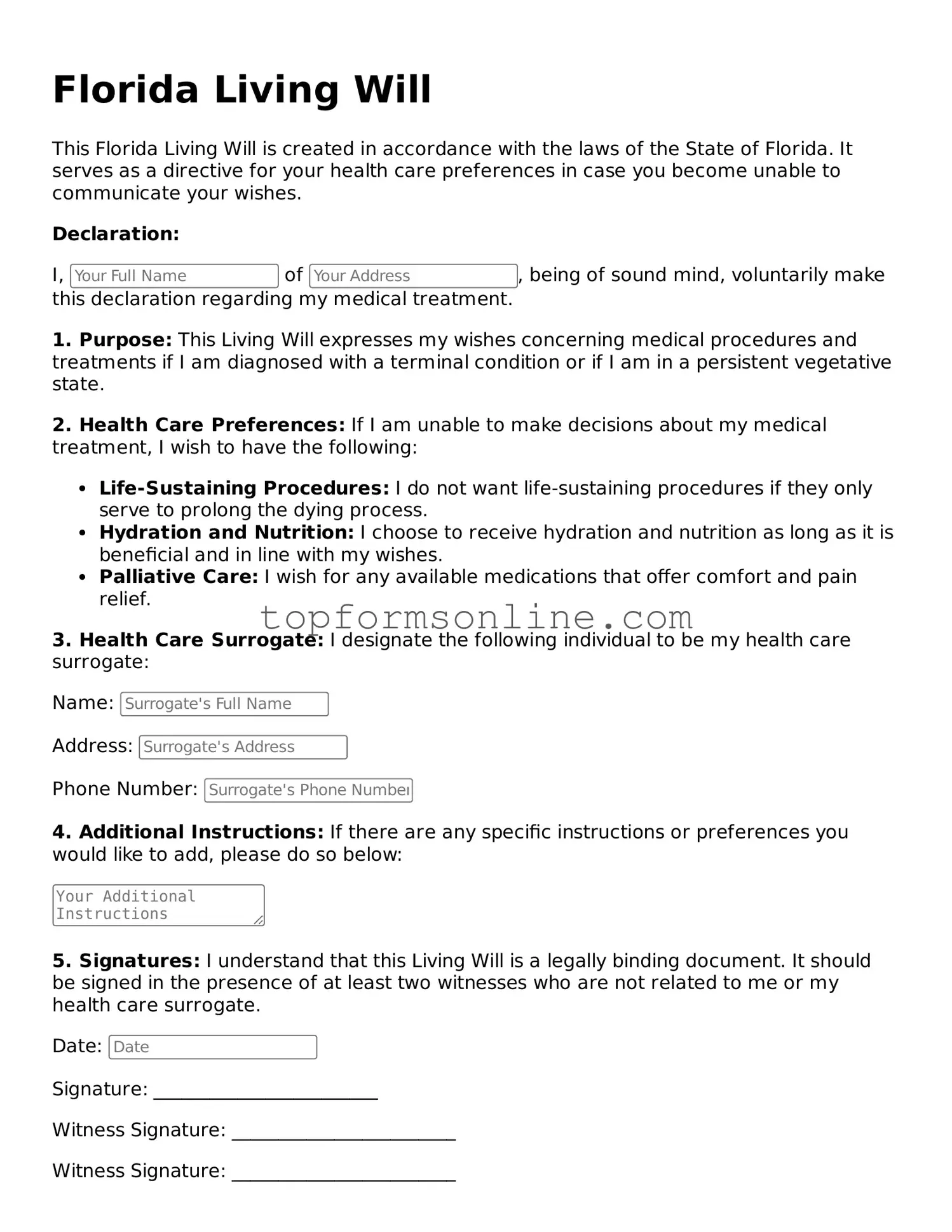 Printable Florida Living Will Template