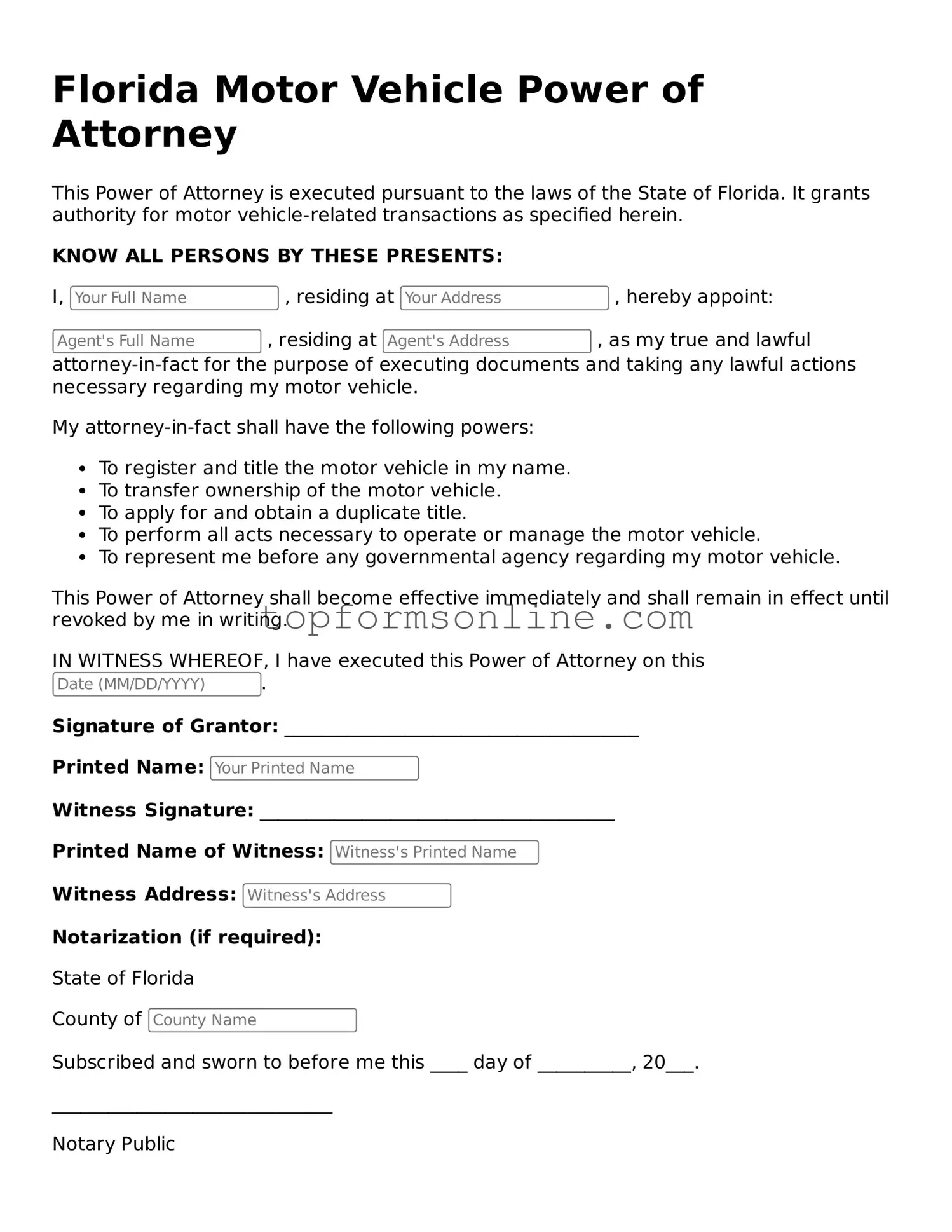 Printable Florida Motor Vehicle Power of Attorney Template