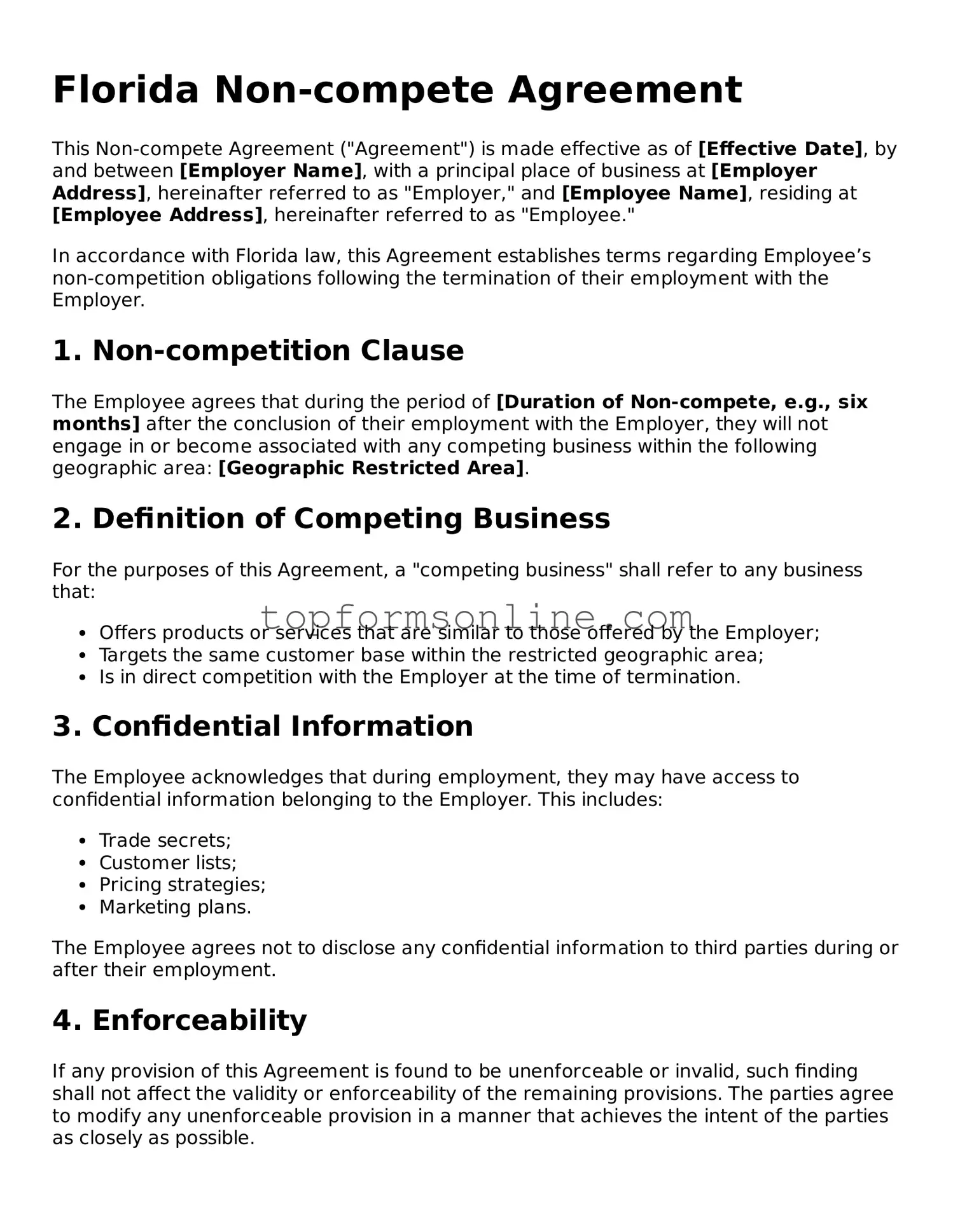 Printable Florida Non-compete Agreement Template