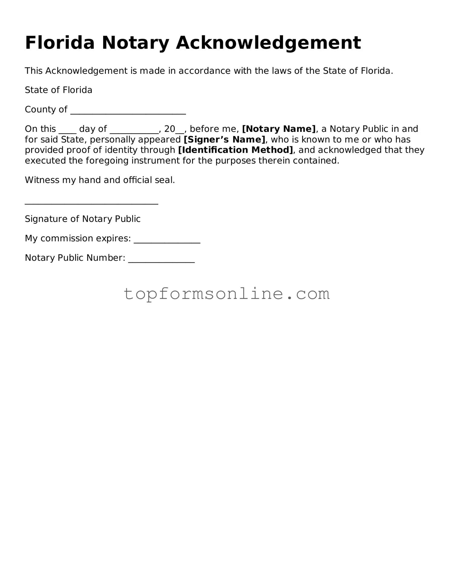 Printable Florida Notary Acknowledgement Template