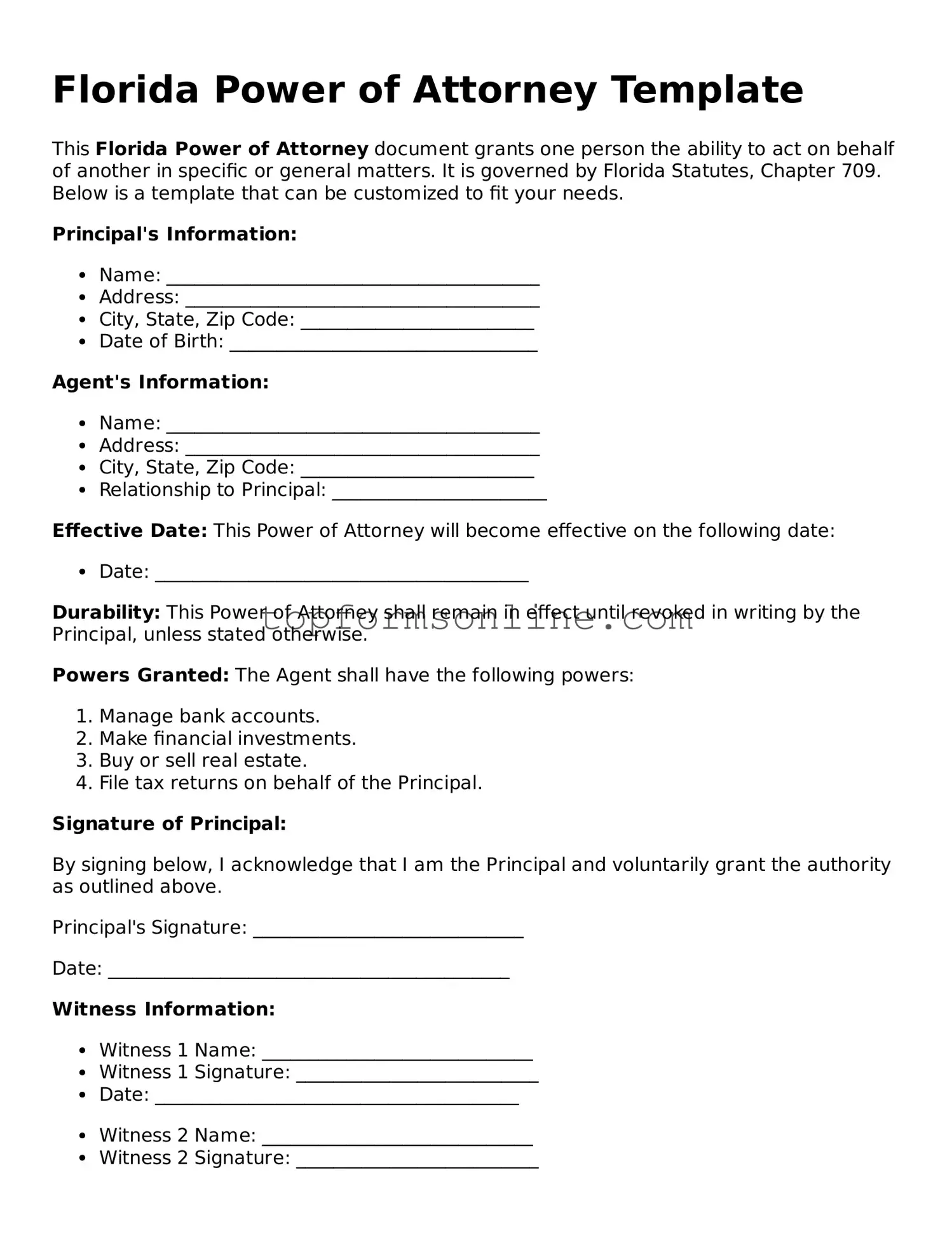Printable Florida Power of Attorney Template