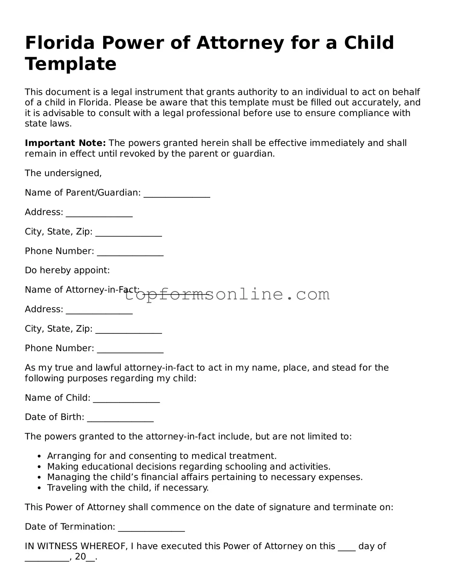 Printable Florida Power of Attorney for a Child Template