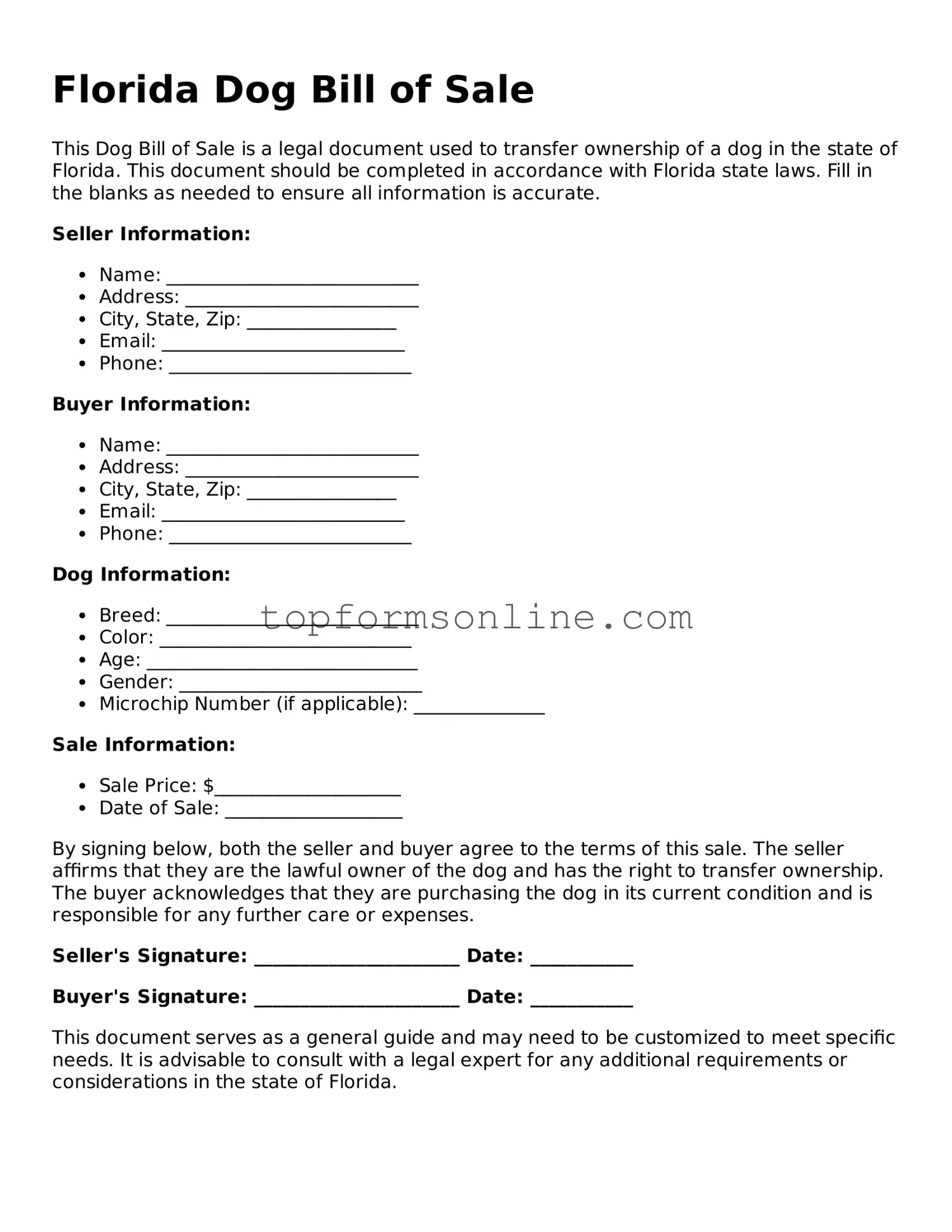 Printable Florida Dog Bill of Sale Template