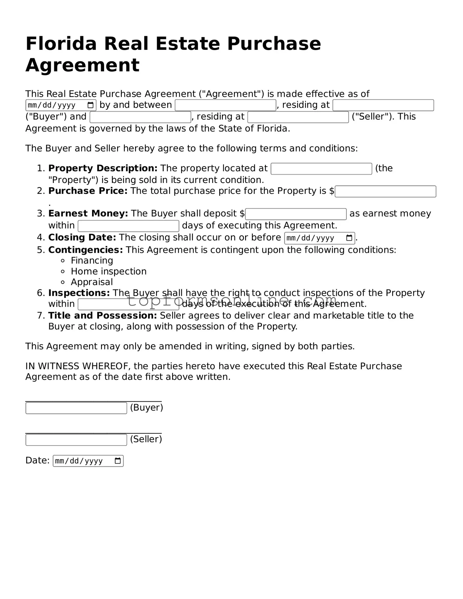 Printable Florida Real Estate Purchase Agreement Template