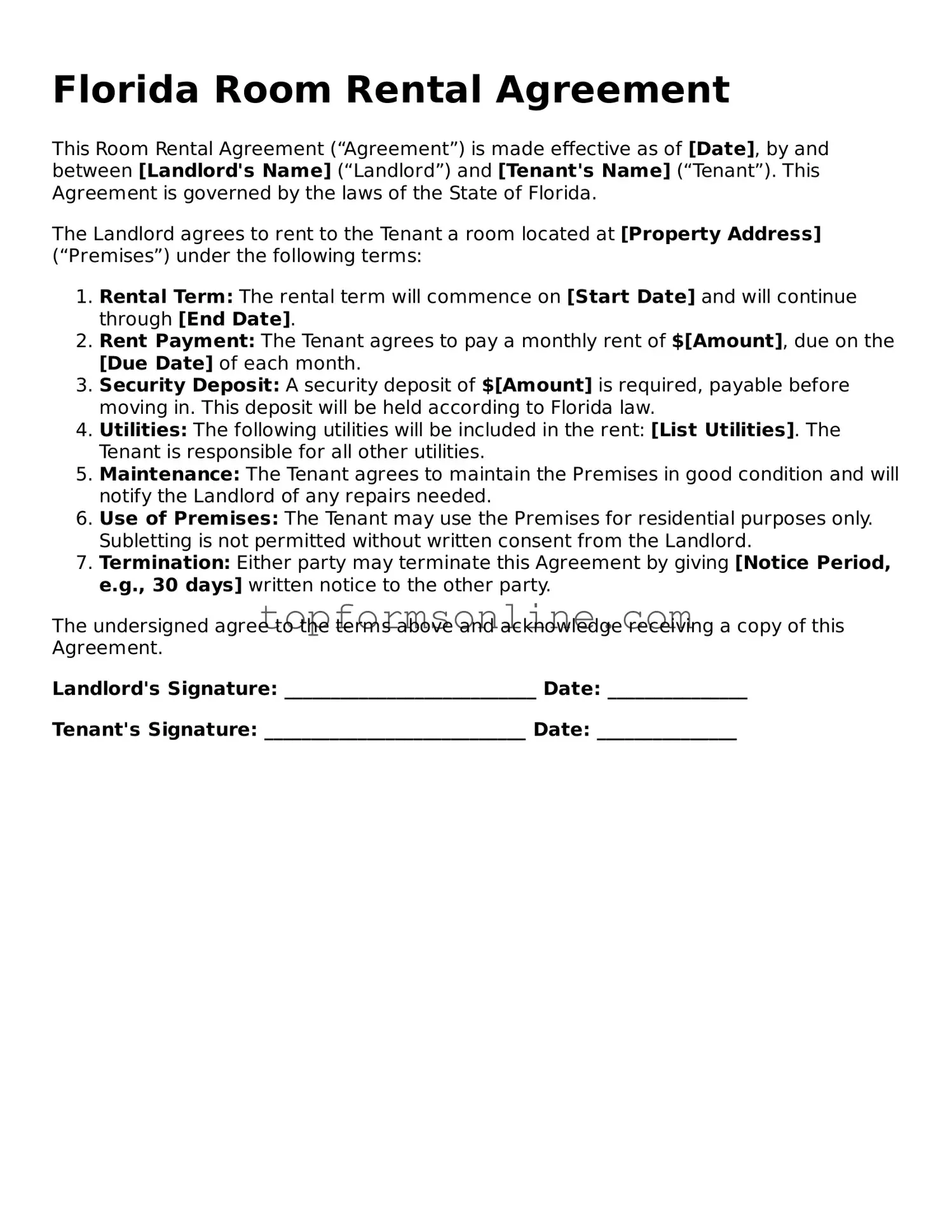 Printable Florida Room Rental Agreement Template