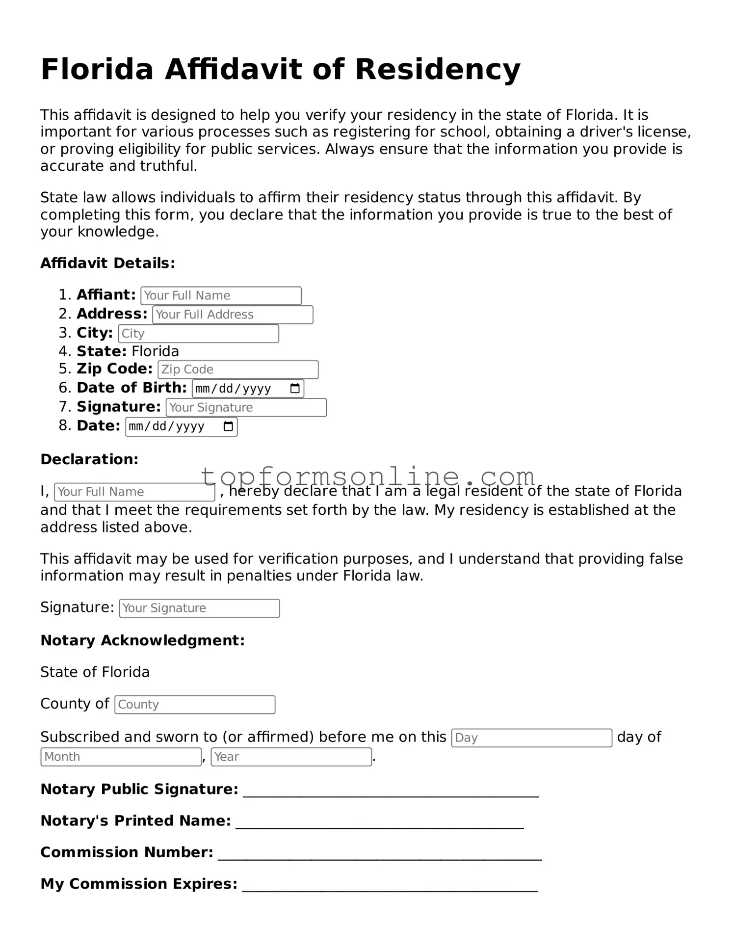 Printable Florida Affidavit of Residency Template