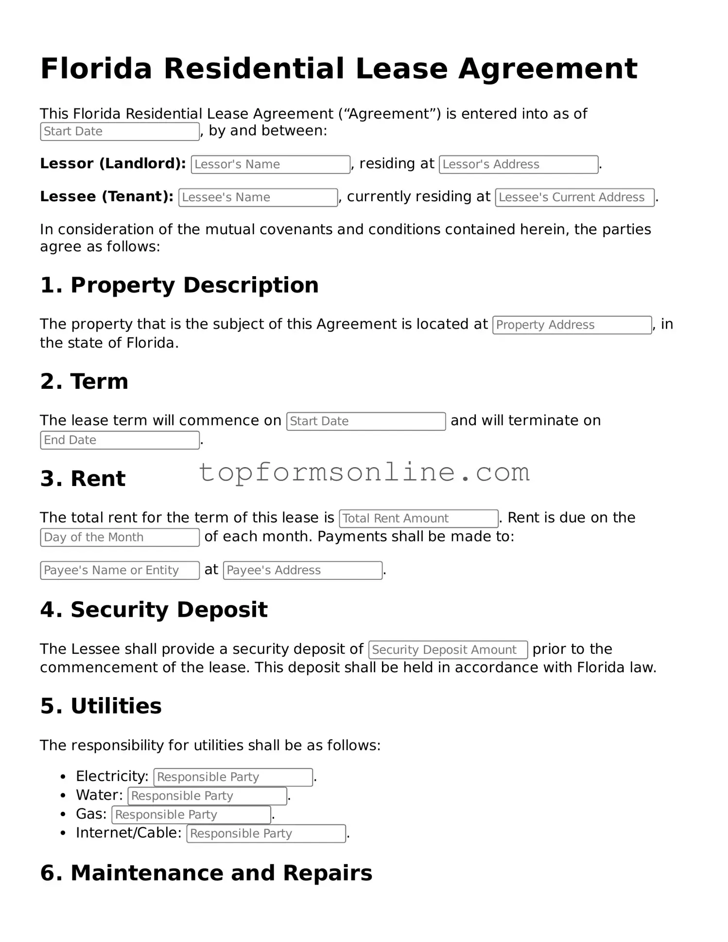 Printable Florida Residential Lease Agreement Template