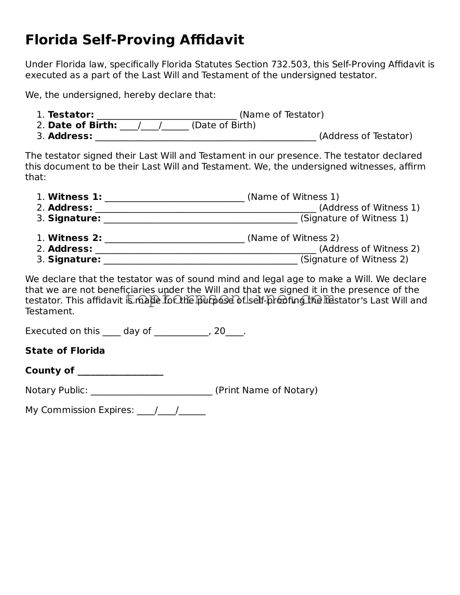 Printable Florida Self-Proving Affidavit Template