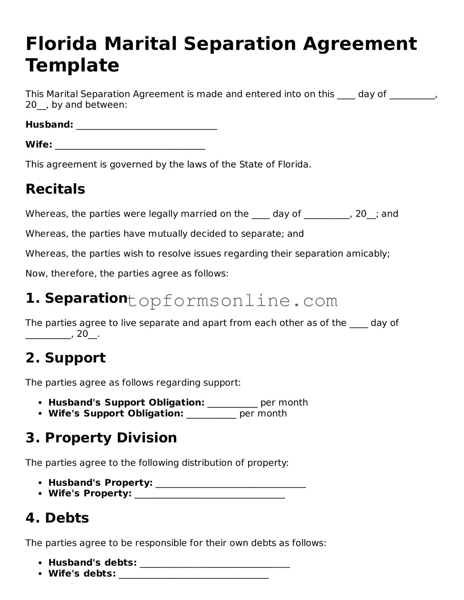 Printable Florida Marital Separation Agreement Template