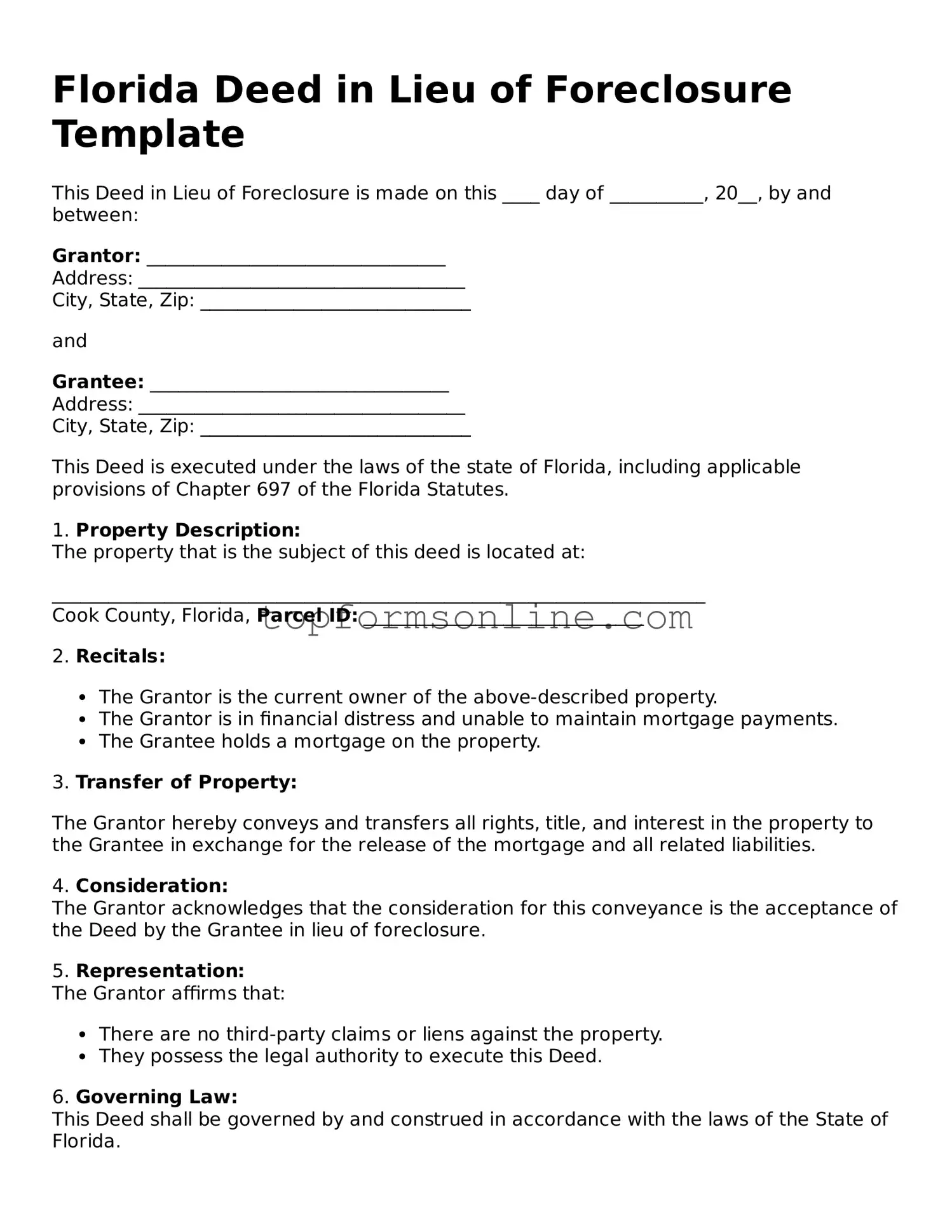 Printable Florida Deed in Lieu of Foreclosure Template