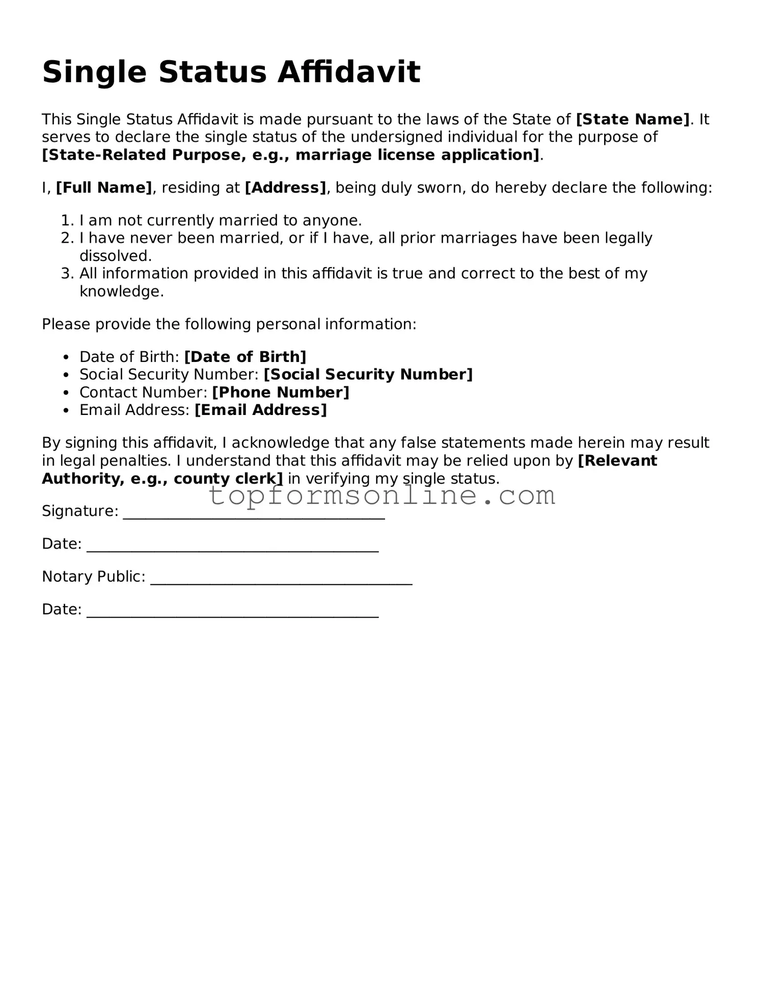 Valid Single Status Affidavit Template